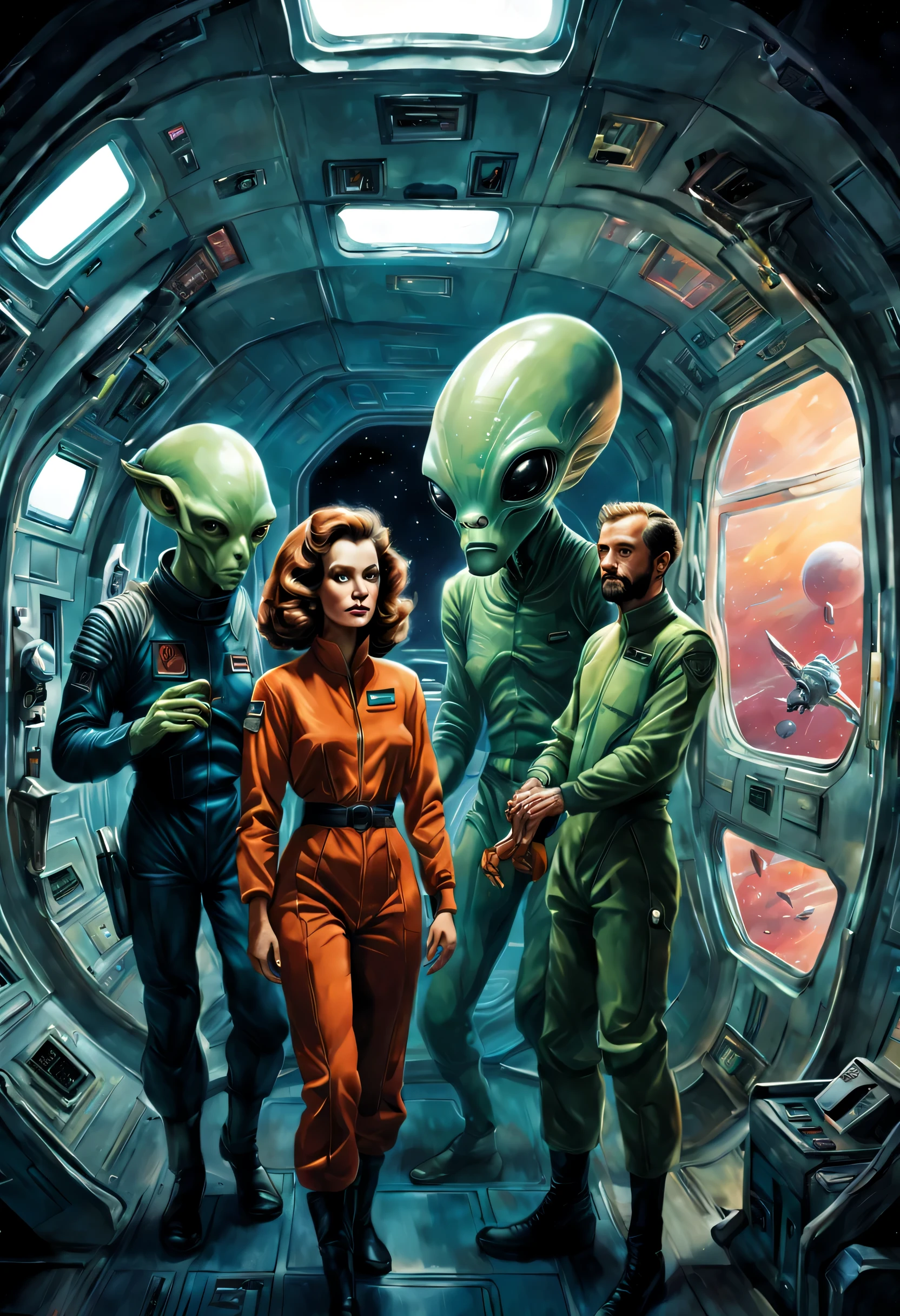 lot of characters from (Heavy Metal Magazine), there are five Atlantean reptilian warriors in a row with a starship in the background, female features, green skin, yellow eyes, evil, concept art inspired by Moebius and Ed Emshwiller.