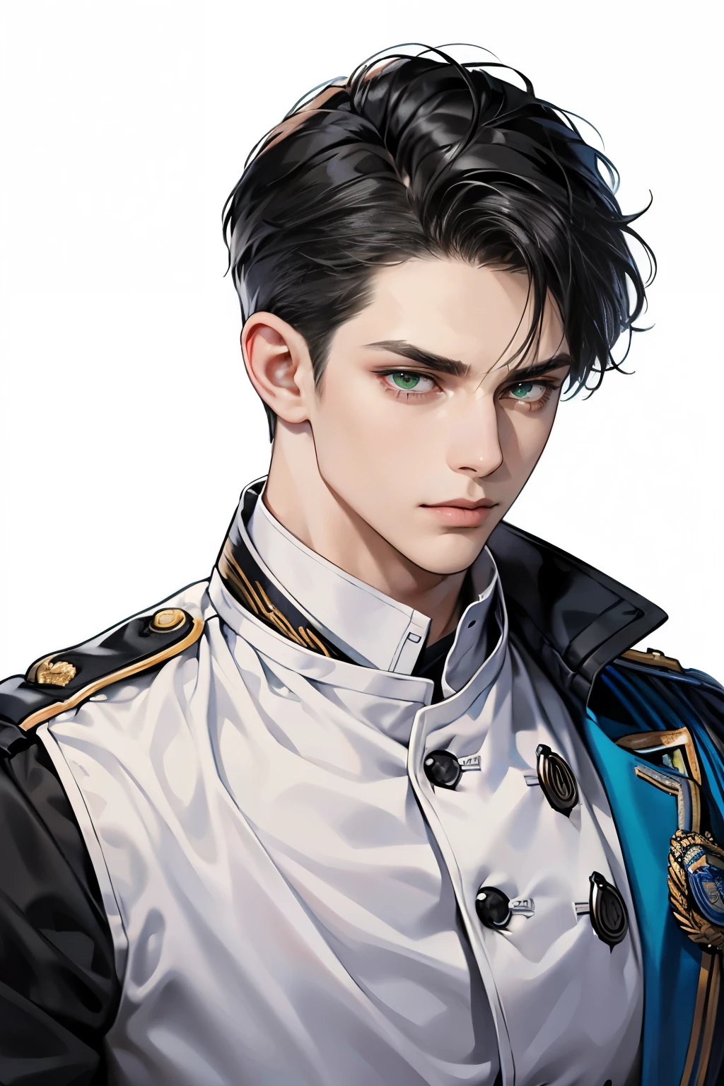 masterpiece close-up shot of a man, he has short black Quiff hair with Soft Fringe (bangs part on side 3:7 ratio), (green eyes), cold look, sharp eyes, stern face, aristocratic appearance, background, white background, taller man, 36years old, wearing police chief uniform, police chief, man police uniform, HD quality, man police chief, masculine, badass