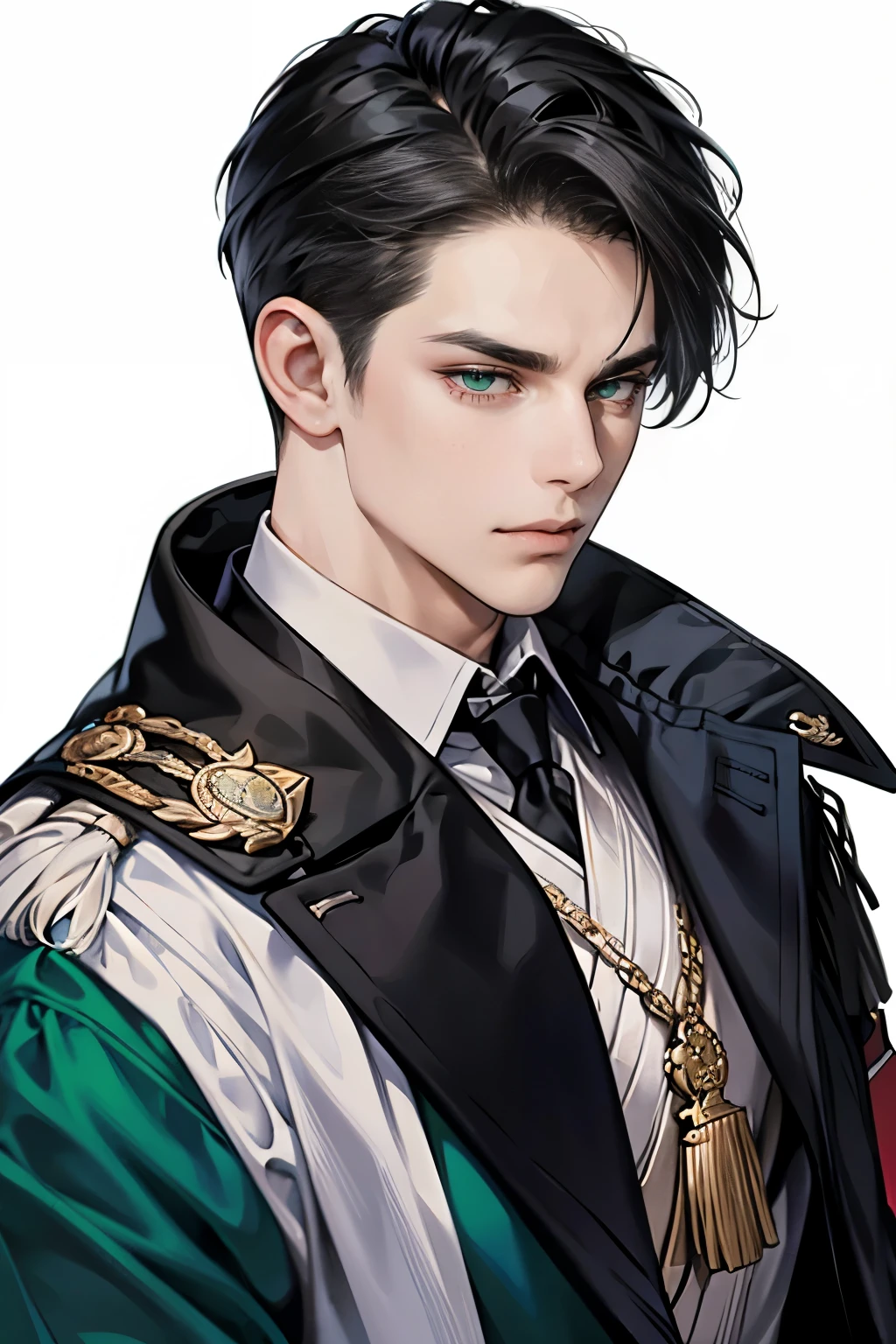 masterpiece close-up shot of a man, he has short black Quiff hair with Soft Fringe (bangs part on side 3:7 ratio), (green eyes), cold look, sharp eyes, stern face, aristocratic appearance, background, white background, taller man, 36years old, wearing police chief uniform, police chief, man police uniform, HD quality, man police chief, masculine, badass