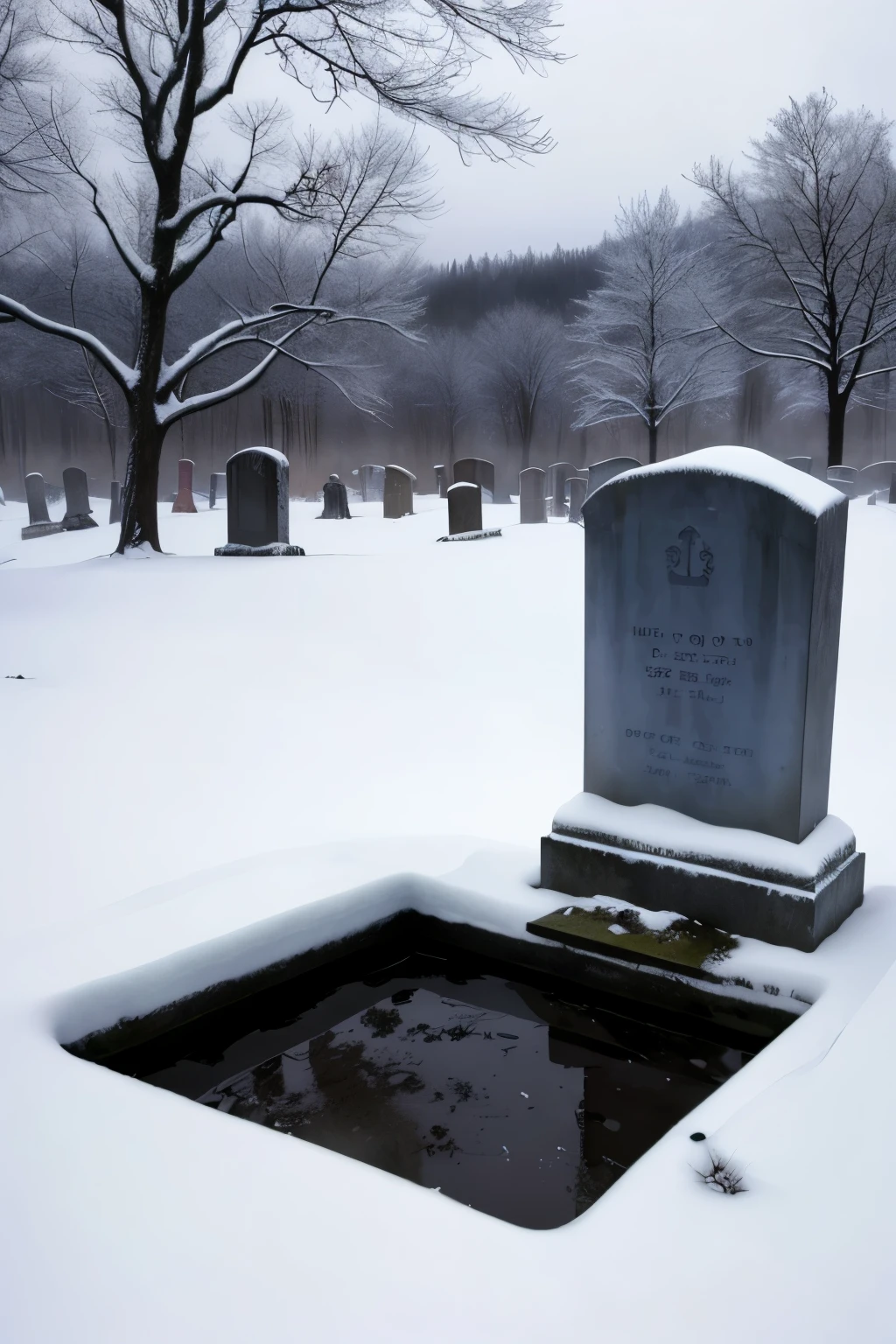 A snow-covered graveyard, a zombie emerges from its shallow grave, its icy breath mingling with the swirling snowflakes, a chilling reminder of life's fragility.