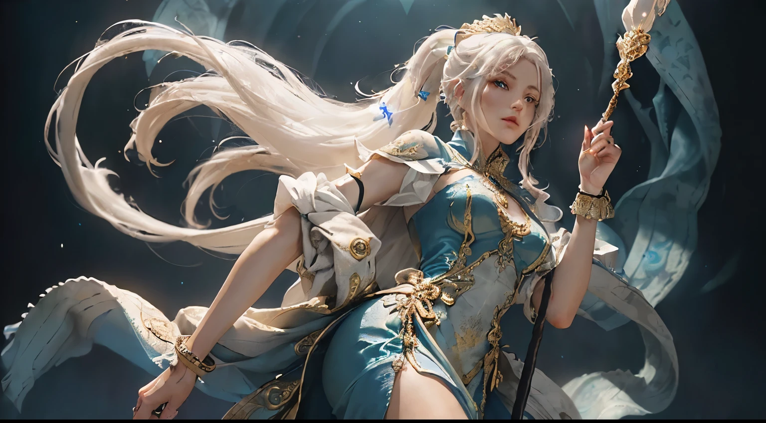 contrapicado of a woman with white hair and white mask, Hermosa pintura de figuras, (Imagen de pie de cuerpo completo:1.8), ( cuerpo completo :0.3), (hiperrealista:1.4), (realista:1.3), (La mejor calidad piel textura real.), (Hermosa hada veterana maga :1.7), (He holds a straight staff with elaborate decoration that emits a mysterious glow..: 1.9), (Finely detailed true circle. Symmetrical and beautifully drawn face..), ((Mundo medieval)),Guviz, Ilustraciones de estilo Guvitz, Dios de pelo blanco, Yang J, Epic art of fine characters., amazing character art, Fan Qi, Wu Zhun Shifan, Gu Vitz at pixiv art station, contrapicado de una mujer de pelo blanco, Hermosa pintura de figuras, Gu Viz, Obra de arte estilo Gu Vitz, dios del pelo blanco, Yang J, Epic art of fine characters., amazing character art, Fan Qi, Wu Zhun Shifan, Guvitz in pixiv art station, cuerpo femenino perfecto, (((camiseta blanca ajustada))), Hermosos ojos, orejas de elfo, (cara delicada), por el blanco, cabello atado, (((two ponytails))), Claro, piel glasseair con borde de seda negro), (Better lighting), (super-complex details), unidad 4k, (super detallado costrando piernas justas, vestido corto, con botas,