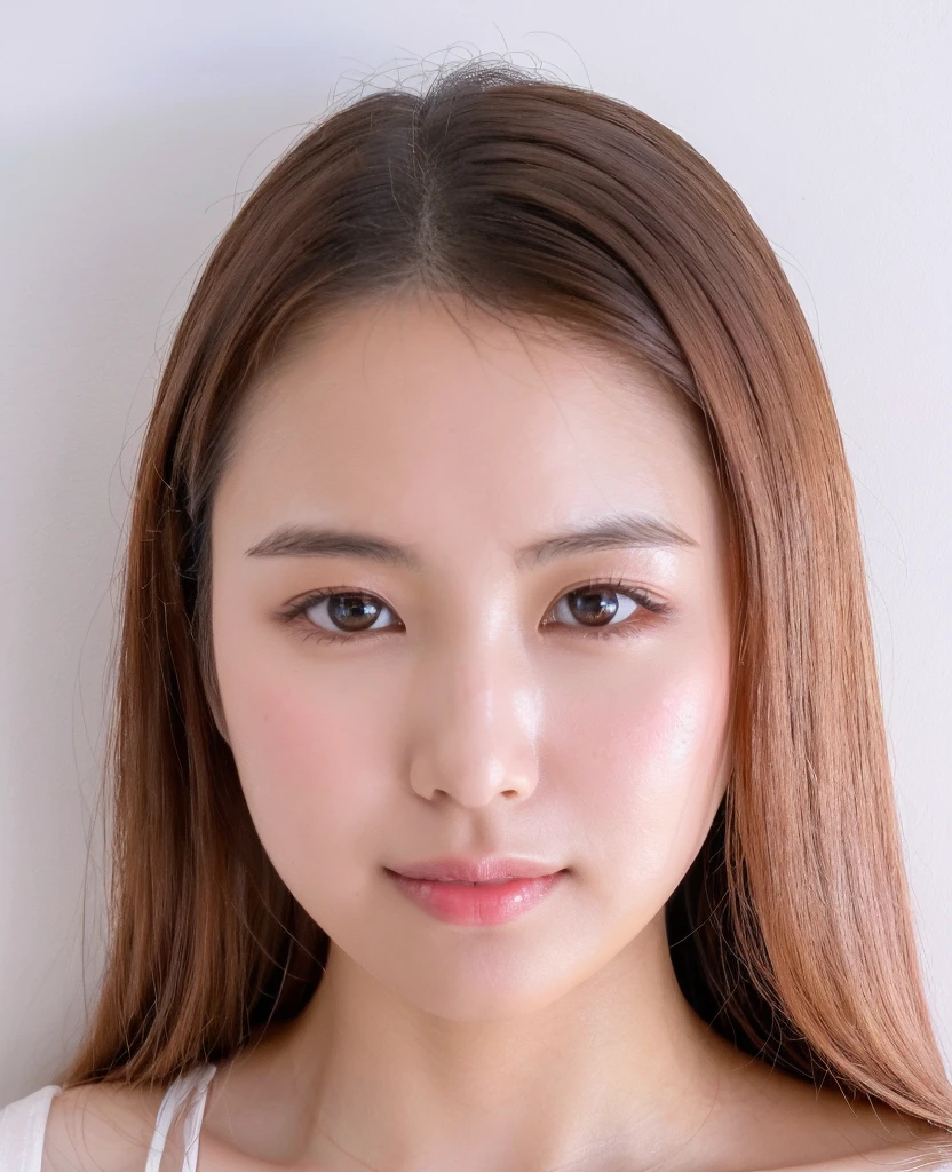 ((cute日本の女の子、beautiful japanese girl、1 girl、clear、19 years old、ponytail、Highly detailed face and skin texture、refinement、super detailed face、highly detailed eyes、Lee Hong、blush、cheek、ピンクのcheekを塗ったcheek、close-up of woman、Breast augmentation、frontを向いている顔、frontを向いている体、looking at camera、front、cute、smooth white skin、Transparent skin texture、))、(dark brown hair、bangs)、beautiful woman with perfect style：1.4、japanese model、young gravure idol、若いcuteグラビアアイドル、Realistic young gravure idol、refinementされたグラビアアイドル、((highest quality、8k、masterpiece:1.3、１photograph))、(4k、RAWphotograph、highest quality)、(realistic、フォトrealistic:1.37)、Place someone on the other side of the screen、Natural light、upper body and head、