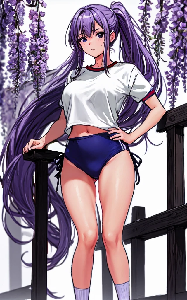 A beautiful woman with long wisteria purple hair in a ponytail that reaches to her shoulders and a light pink ribbon in the back, and a beautiful leg and a sharp face, is wearing gym clothes with a white top.、She is standing on the playground wearing dark blue bloomers with the bottom shaped like panties.。