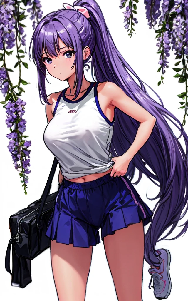 A beautiful woman with long wisteria purple hair in a ponytail that reaches to her shoulders and a light pink ribbon in the back, and a beautiful leg and a sharp face, is wearing gym clothes with a white top.、She is standing on the playground wearing dark blue bloomers with the bottom shaped like panties.。