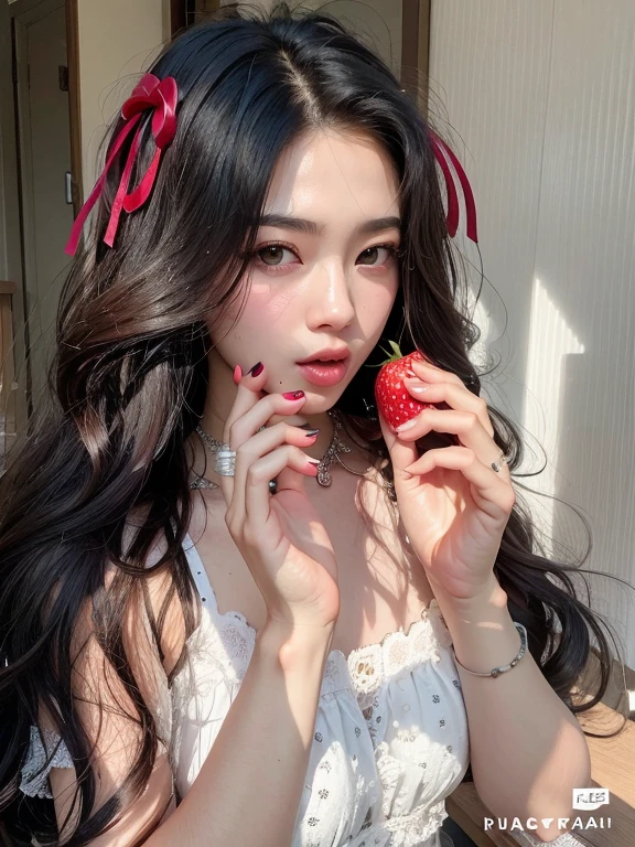 there is a woman holding two fresas in both hands, ulzzang, 👅 👅, fresa, rin tohsaka, jinyoung shin, jennie rosa negro, wearing fresa backpack, jisoo de blackpink, terciopelo rojo, muchacha coreana, Lucha con las fresas, con manzana, tzuyu de dos veces, cgcosiety, Comiendo, Jisoo de Blackpink, 🤤 retrato de niña