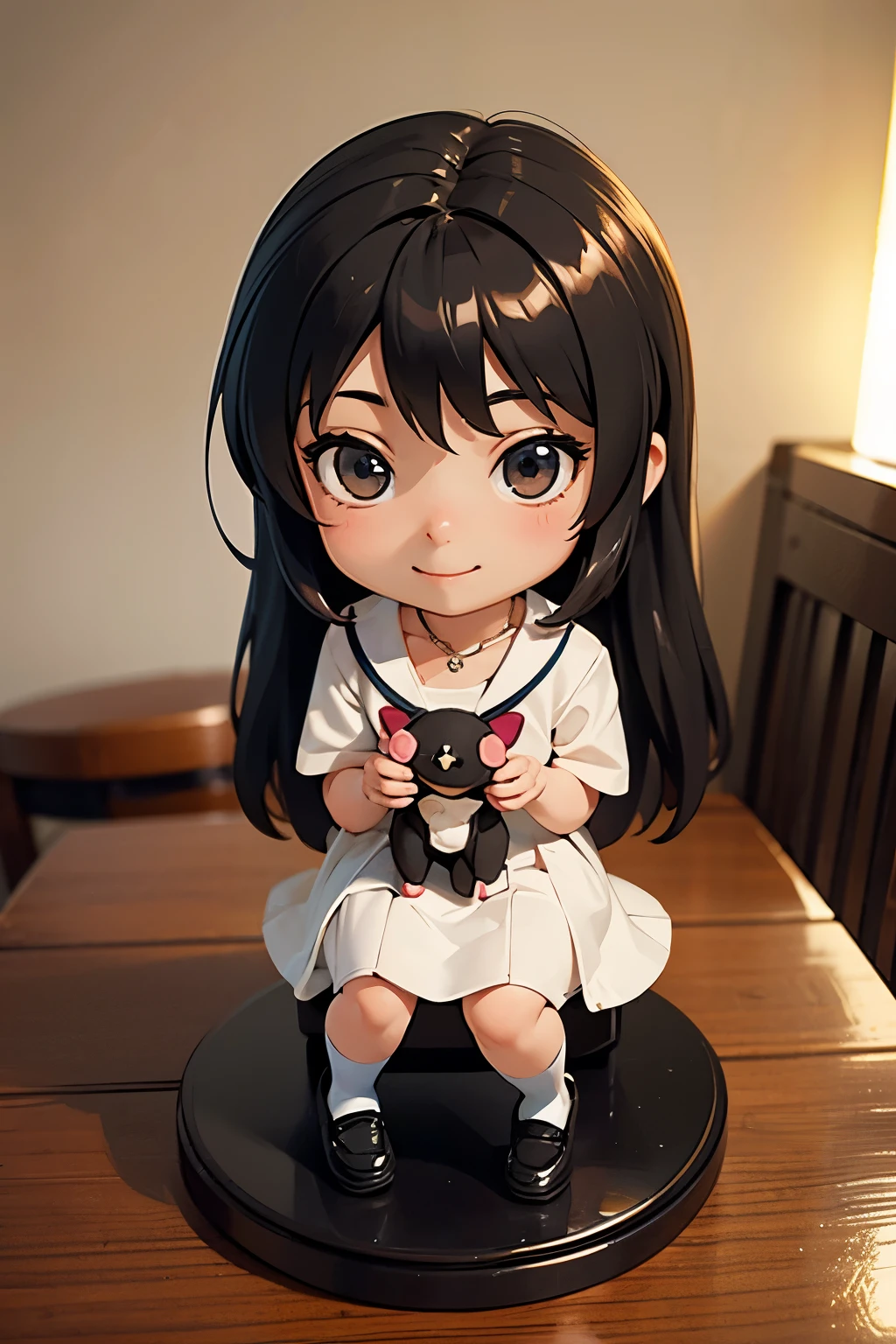 there is a keychain with a doll on it sitting on a table, style as nendoroid, chibi girl,smile, female explorer mini cute girl, nendoroid, nendoroid 3 d, small loli girl, kawaii realistic portrait, cute!! chibi!!! schoolgirl, chibi style, chibi anime girl, cute kawaii girl, small curvy loli