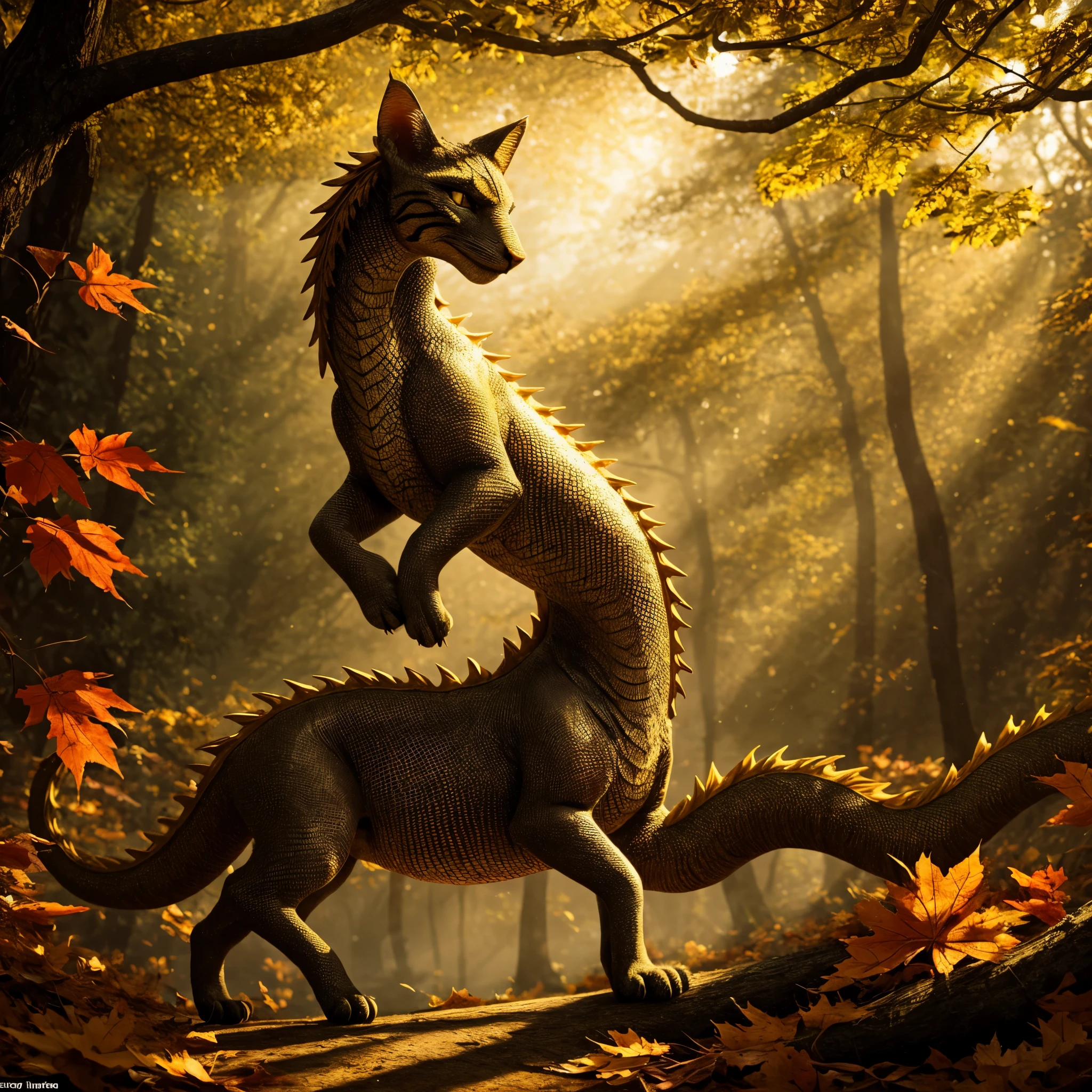 (detailed,realistic): a cat sized dragon with gold and red scales stalks through a forest as autumn leaves fall, (best quality,highres,masterpiece:1.2),ultra-detailed,sharp focus,professional, [bright colors], [mystical], [dappled sunlight], [vibrant foliage], [majestic atmosphere], [charming], [ethereal mist], [sparkling eyes], [hovering wings], [sinuous movements], [whispy smoke], [magical essence], [dragon's breath], [feline agility], [playful temperament], [magnificent creature], [dancing shadows], [serene ambiance], [glimmers of light], [mysterious beauty], [enchanting presence], [regal aura], [captivating gaze], [lush foliage], [golden treasures], [intricate scales], [dramatic contrast], [mesmerizing grace], [delicate details], [stunning composition], [alluring mythical being]