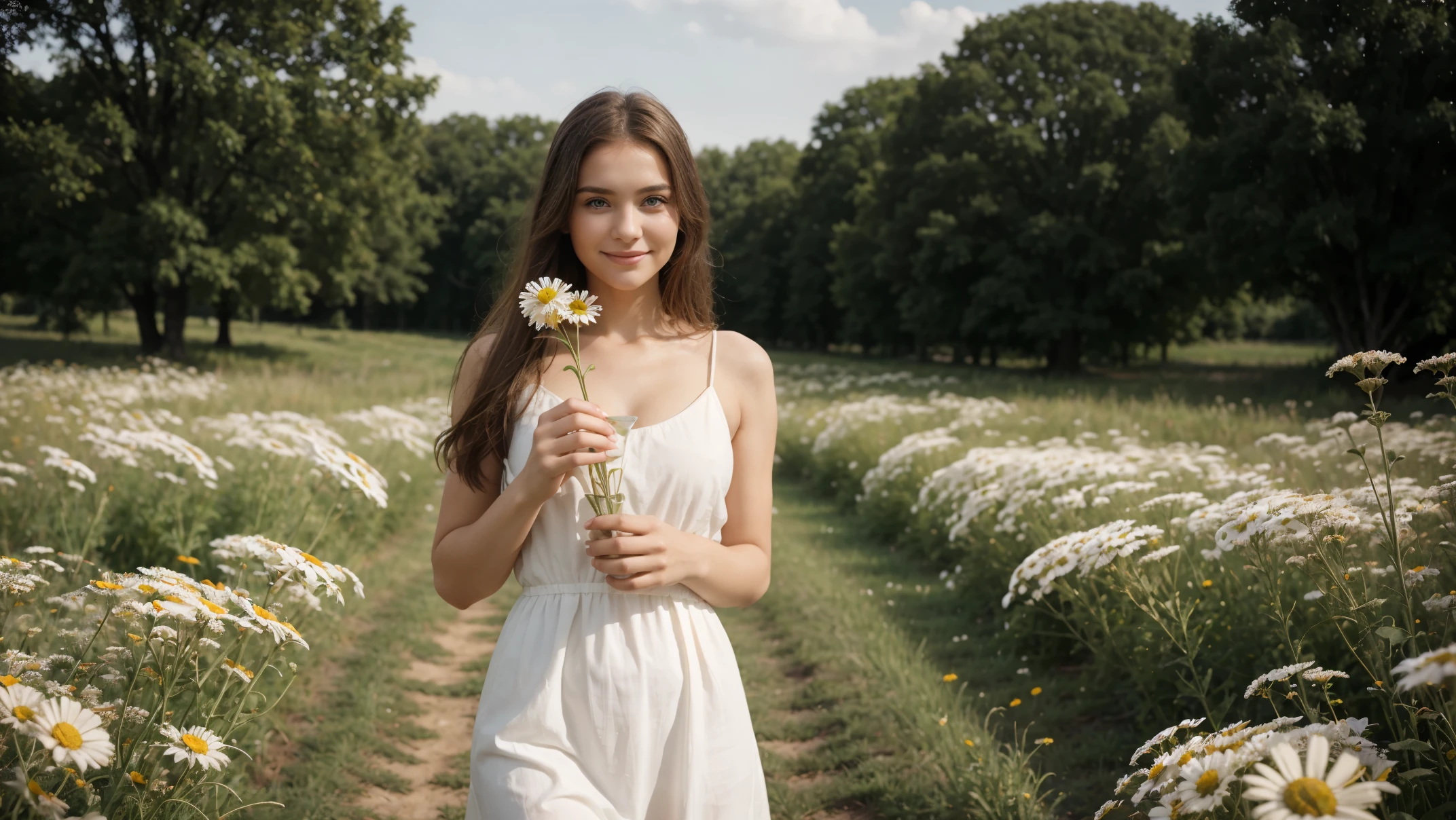 hair fluttering in the wind, Field of daisies, woman in a short white dress with a perfect figure in full height, hair fluttering in the wind, holding a chamomile in his hand, smiling, original perfect super beautiful face, perfection, standing in a clearing with daisies, butterfly on a flower, Young woman фронтальная в ромашковом поле, Young woman нa лугу с ромашками, beautiful blonde, Young woman, standing in a chamomile field, beautiful blonde, Young woman в коротком платье гуляет по ромашковому полю ((Best quality)), ((masterpiece)), (detailed), original perfect super beautiful face, само perfection