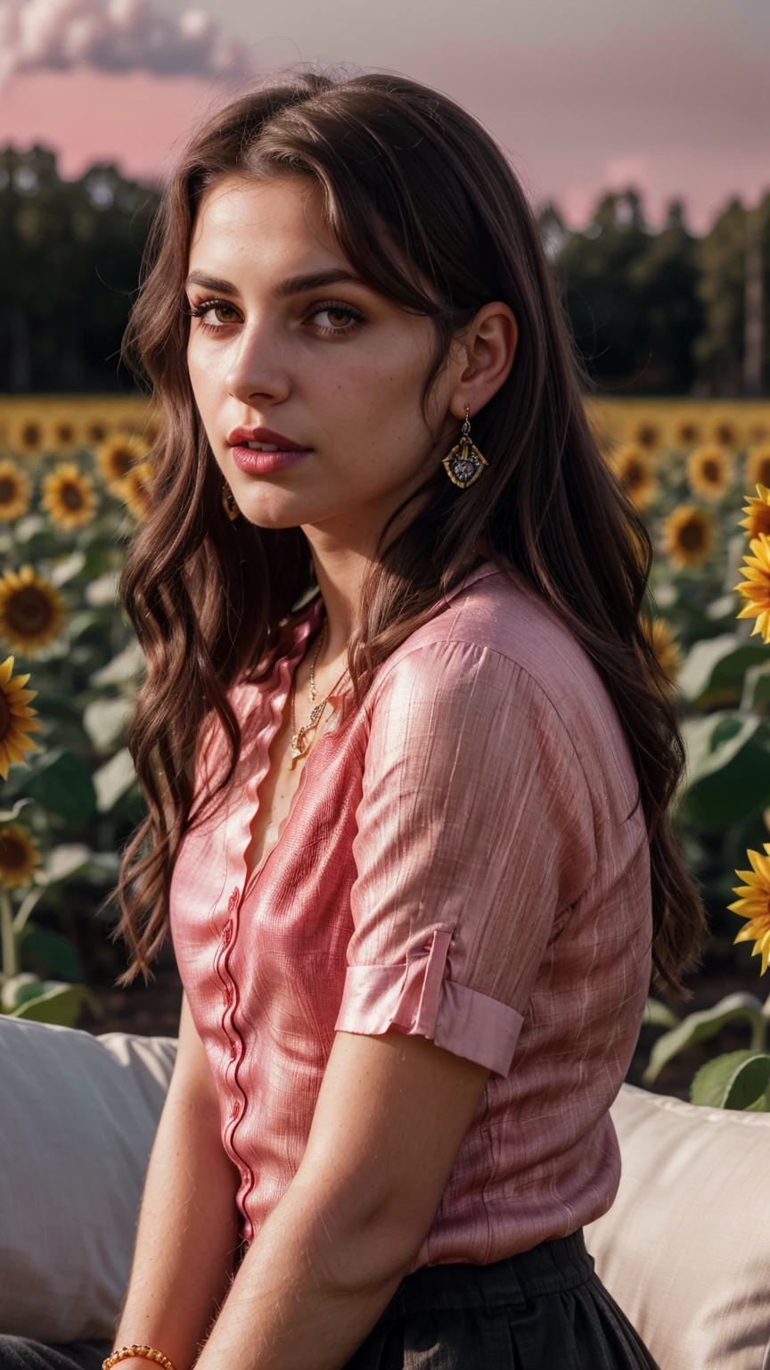 Wavy brown hair, (RAW photo, realism: 1.8), (very dark lip gloss, jet pink lipstick, many eyelashes, dark black eye shadow, shy, blushing, high quality, high resolution, depth of field, chromatic aberration, caustic, wide light, natural colors, 20 year old woman), necklaces, chokers, earrings, bracelets, wear many accessories, style A good woman,l, silk pink shirt, upper body, beautiful skin, lots of exposure, very line, looks delicious, lips that make you want to kiss, scruffy futon, sunflower farm field, golden sun in background,