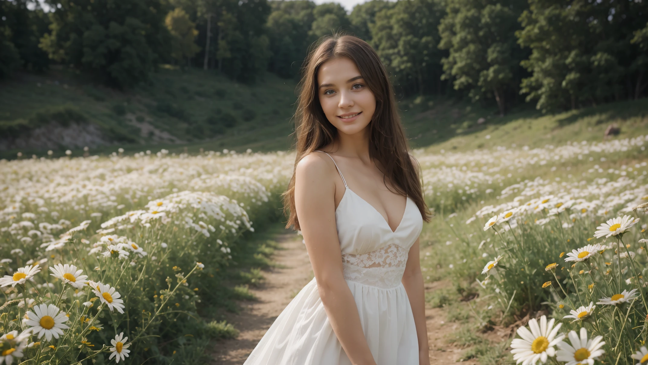 hair fluttering in the wind, Field of daisies, woman in a short white dress with a perfect figure in full height, hair fluttering in the wind, holding a chamomile in his hand, smiling, original perfect super beautiful face, perfection, standing in a clearing with daisies, butterfly on a flower, Young woman фронтальная в ромашковом поле, Young woman нa лугу с ромашками, beautiful blonde, Young woman, standing in a chamomile field, beautiful blonde, Young woman в коротком платье гуляет по ромашковому полю ((Best quality)), ((masterpiece)), (detailed), original perfect super beautiful face, perfection