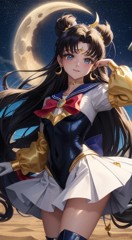 masterpiece, highest quality, (1 girl), super sailor moon, cowboy shot, night, moon crown, evening, starry sky, beautiful sky, cloud, white gloves, blue eyes, colorful clothes, sailor sengoku uniform, colorful skirt, hair ornaments, red bow, brooch, brooch, heart brooch, earrings, Crescent Moon, heart necklace, heart, very long hair, Crescent Moon earrings, tiara, yellow necklace, boots, knee boots, red shoes, take a pose, Are standing,super tiny string bikini,exposed,small breasts,super tiny string bikini