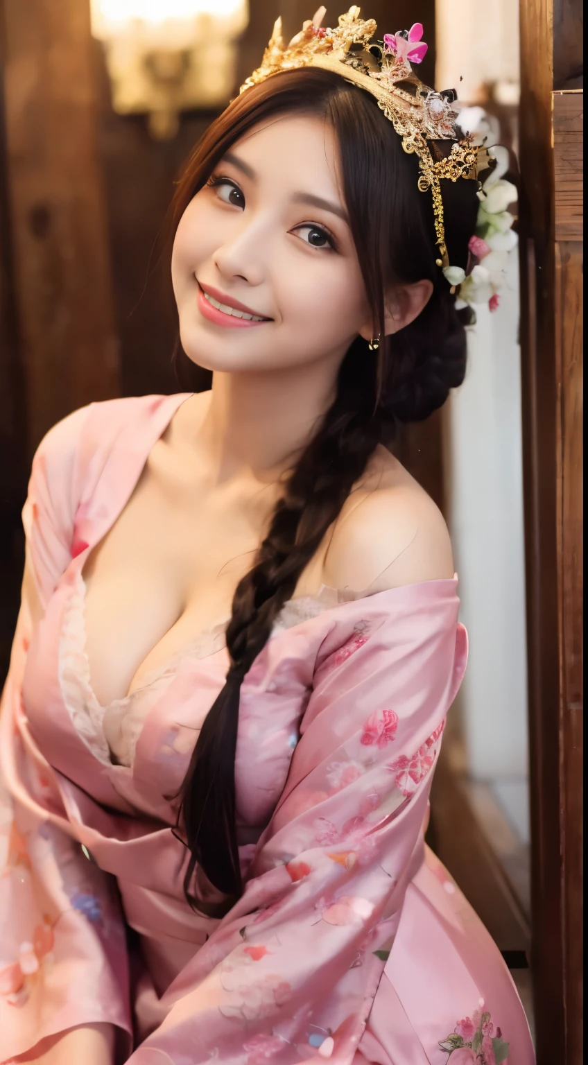 (Masterpiece: 1.2), (Best Quality: 1.2), Perfect Eyes, Perfect Face, Perfect Lighting, 1girl, Mature Woman Wearing JLFD, Long Black Hair, Messy Crown Braid, Standing With Hands on Knees, Bare Shoulders, Cleavage, JLFD, Pink Silk, Dragon Pattern, Embroidery, Smile, Detailed Japan Traditional Japan Indoor Background