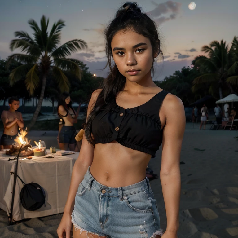 cute teenage Latina girl, cinnamon complexion, straight black hair styled in a small bun, with a round face, small round eyes, thin lips, tan skin, Ruffled Crop Tops, High-Waisted Shorts with button, dancing under the moonlight at a beach bonfire party, nighttime, a beach party with bonfire and friends in the background, realistic style, high-resolution with crisp details, dim light, candid shot.