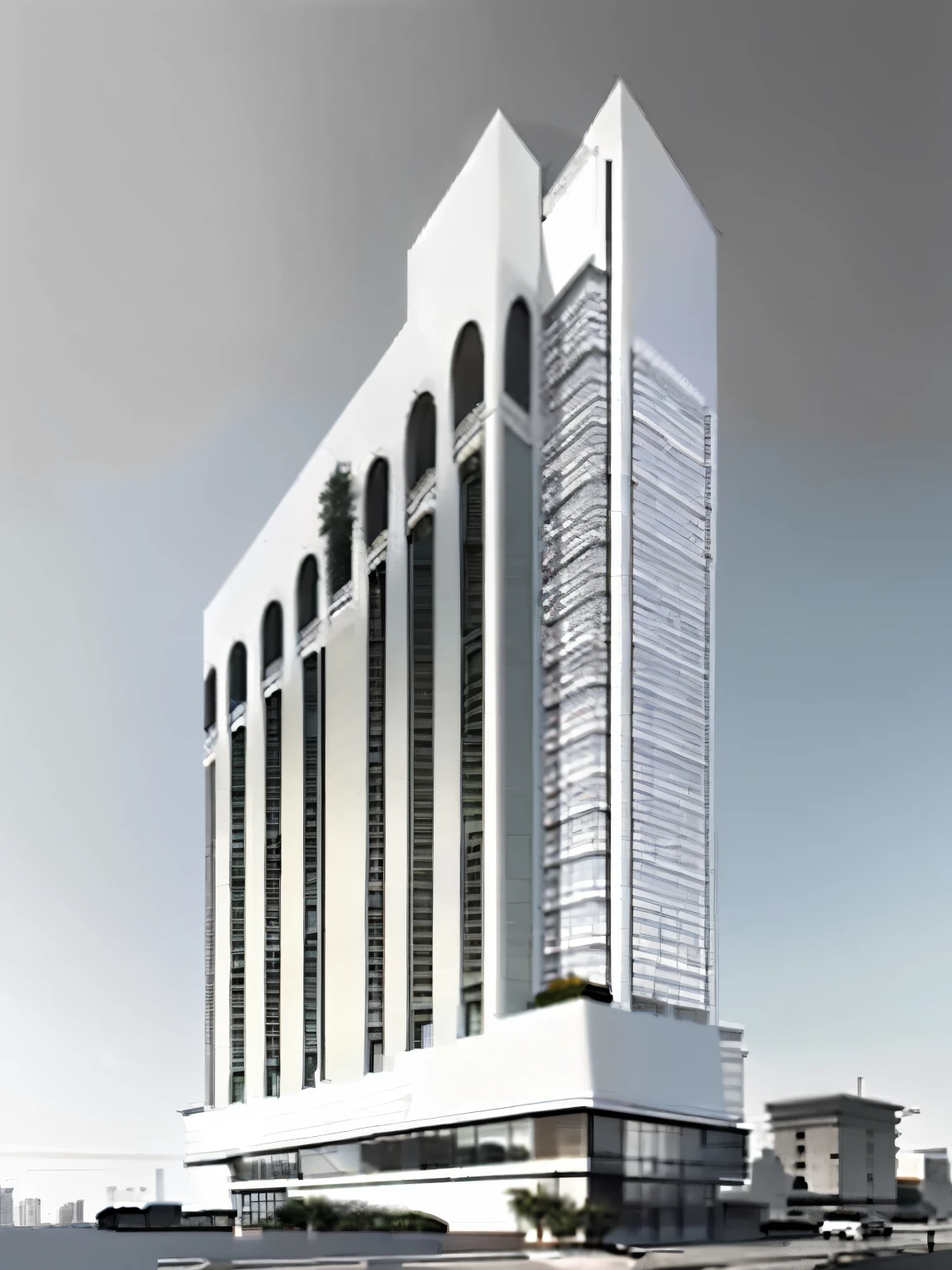 a drawing of a tall building with a lot of windows, perspective view, mid-view, 3 / 4 view, 3/4 view, architectural rendering, 3/4 view from below, rendering of checkmate, mantra rendering, elevation view, full building, low angle dimetric rendering, architectural illustration, multistory building, front perspective, architectural sketch