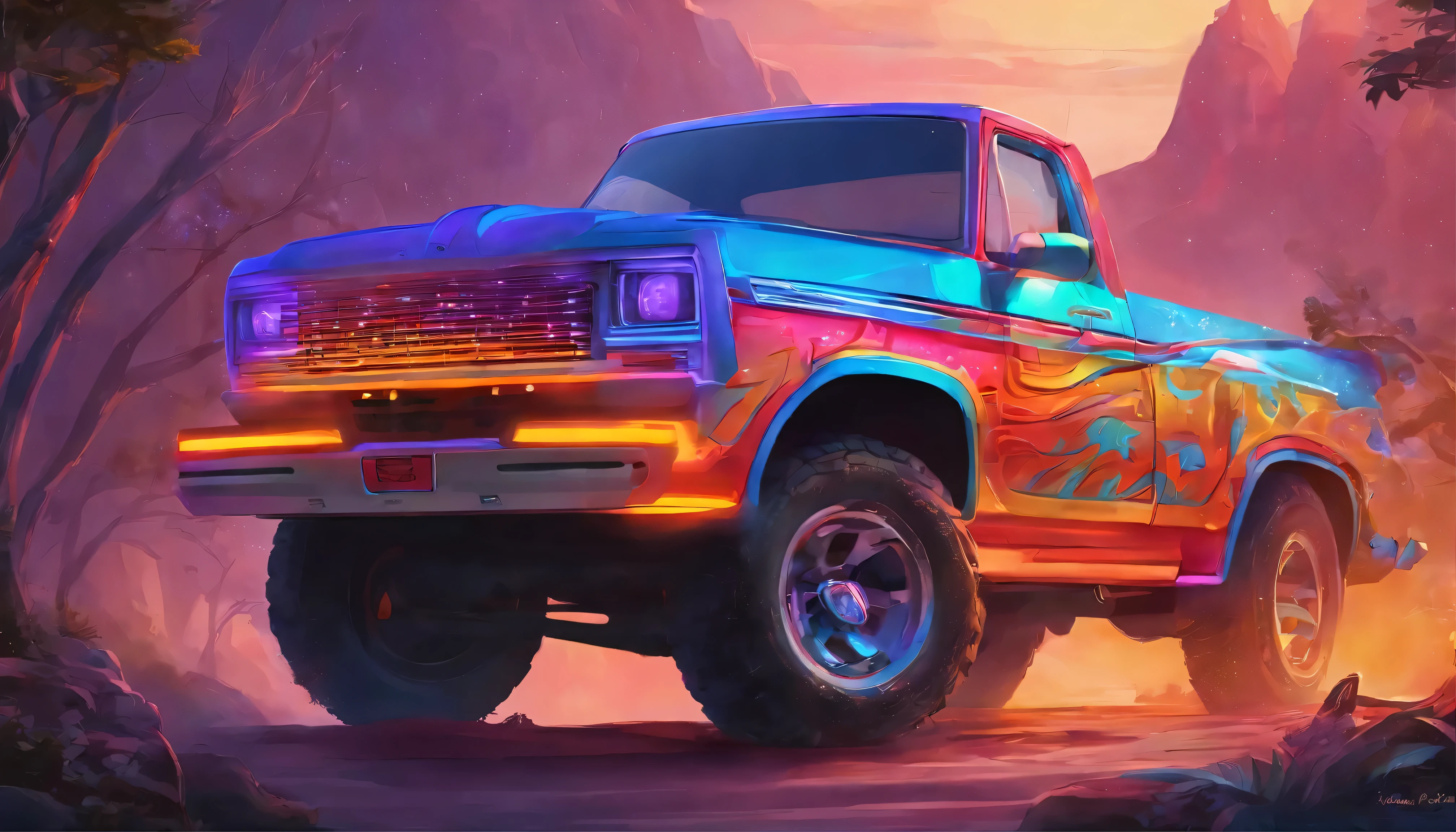 Render of an 80s Ford pickup truck, showcasing the characteristic design elements of that decade, with wide fenders and a prominent hood. The truck stands out with its vibrant color and the distinct text 'El Pelavacas' emblazoned on the front.