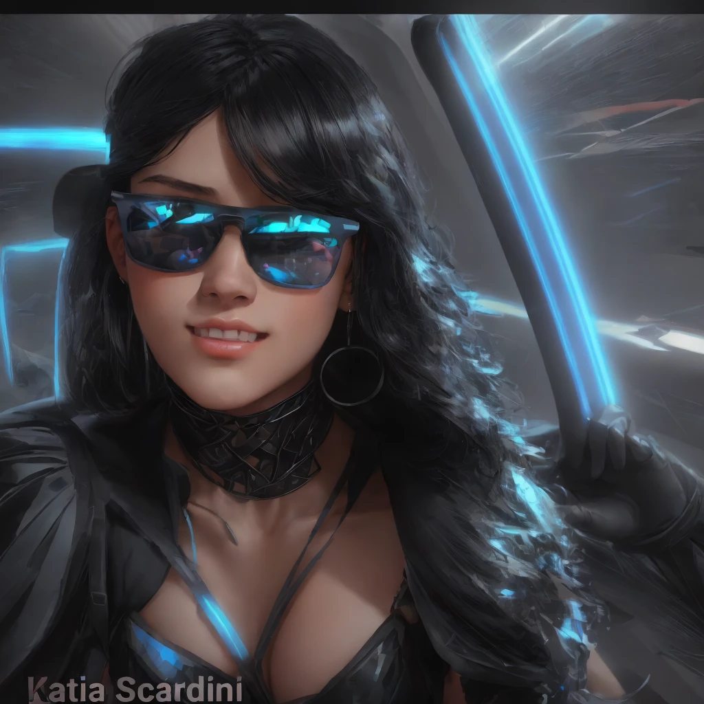 Portrait of an attractive beautiful woman with black hair with gothic costume,inspirada em "Jenna Ortega"(altamente detalhado: 1.2), Hyper-detailed eyes and use of high-tech sunglasses with holographic display 1.2)