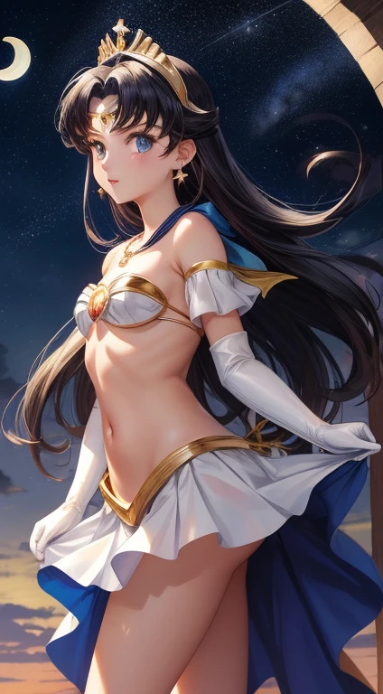 masterpiece, highest quality, (1 girl), super sailor moon, cowboy shot, night, moon crown, evening, starry sky, beautiful sky, cloud, white gloves, blue eyes, colorful clothes, sailor sengoku uniform, colorful skirt, hair ornaments, red bow, brooch, brooch, heart brooch, earrings, Crescent Moon, heart necklace, heart, very long hair, Crescent Moon earrings, tiara, yellow necklace, boots, knee boots, red shoes, take a pose, Are standing,super tiny string bikini,exposed,small breasts,super tiny string bikini,exposed,nude,super tiny string bikini