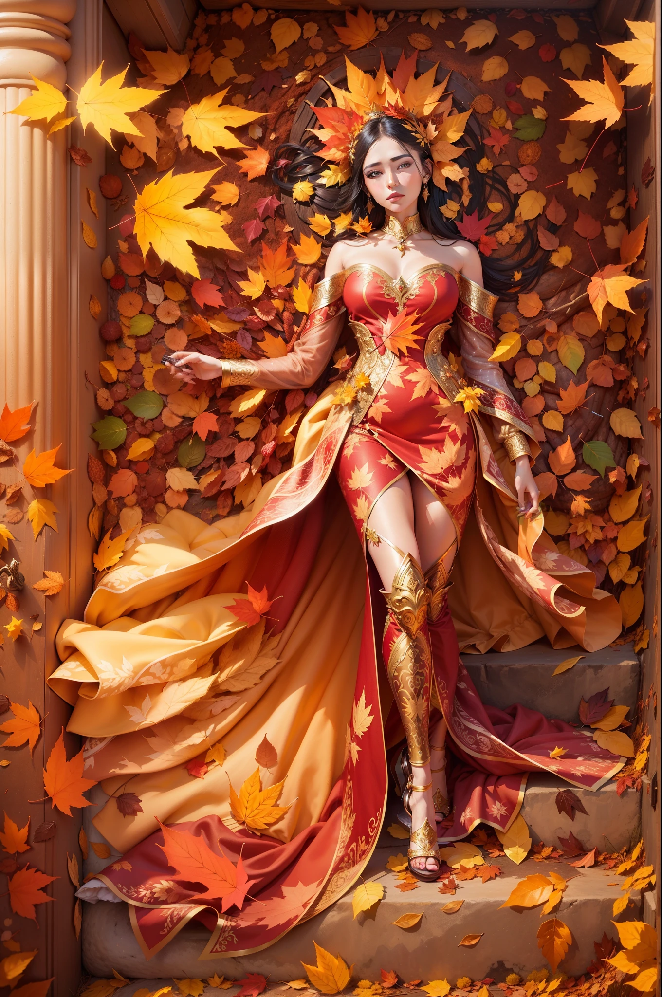 A woman in a golden dress surrounded by autumn leaves, Autumn,(Leaves Falling:1.5),fantasy style clothing, colorful rich fantasy clothing, fashion clothing, by Bascove, luxurious theme, style of laura sava, fashion poster, fashion design, creativity in fashion design, fashion clothes, designer fashion, creative fashion, fashion designer, digital effects fantasy, luxury fashion illustration, foliage clothing, the goddess of autumn harvest, Canon EF 24 - 70mm f/ 2. 8L II USM lens on a Canon EOS 5D Mark IV camera,