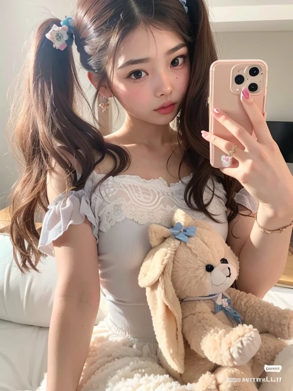 hay una chica que se esta tomando una foto con su celular, ulzzang, dulce conejita ultrarrealista, hada, Cute aesthetics with flutter, bella delfina, peinado de coletas, Smooth aesthetics, tumblr, Dreamy aesthetics, cabin!! cuerpo saludable, 16 years old, linda conejita de peluche fumo, 18 years