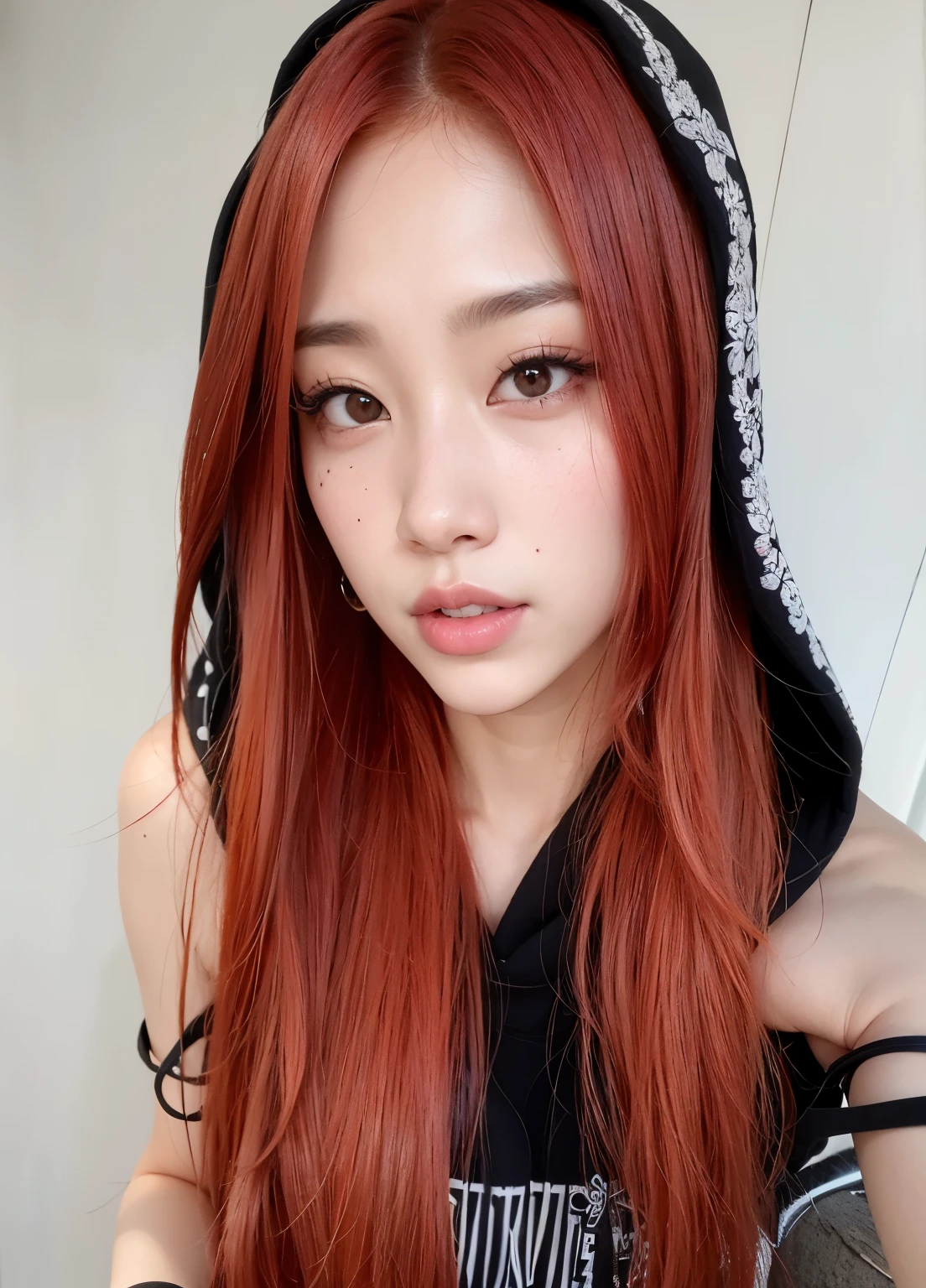 Arafed Asian woman with red hair and black hoodie posing for a photo, portrait of jossi de blackpink, jisoo de blackpink, tzuyu de dos veces, jossi de blackpink, retrato de jisoo rosa negro, Jisoo de Blackpink, ulzzang, ella tiene el pelo largo y renaranjado, parque roseanne de blackpink, She has long orange-brown hair., sol yunjoo