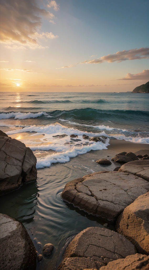 Alafid view of the beach with rocks and water at sunset, wallpaper hd, HDR photography, high quality desktop wallpaper, Today\'s featured photograph 4k, 8k, HD, Beautiful wallpaper, Magnificent background, A mystical environment, the sunset, sunrise light, Beautiful scenery, gorgeous scenery, beautiful sea landscapes, Stunning scenery, Malaysian beaches, breath-taking, vibrant sunrise, amazing background
