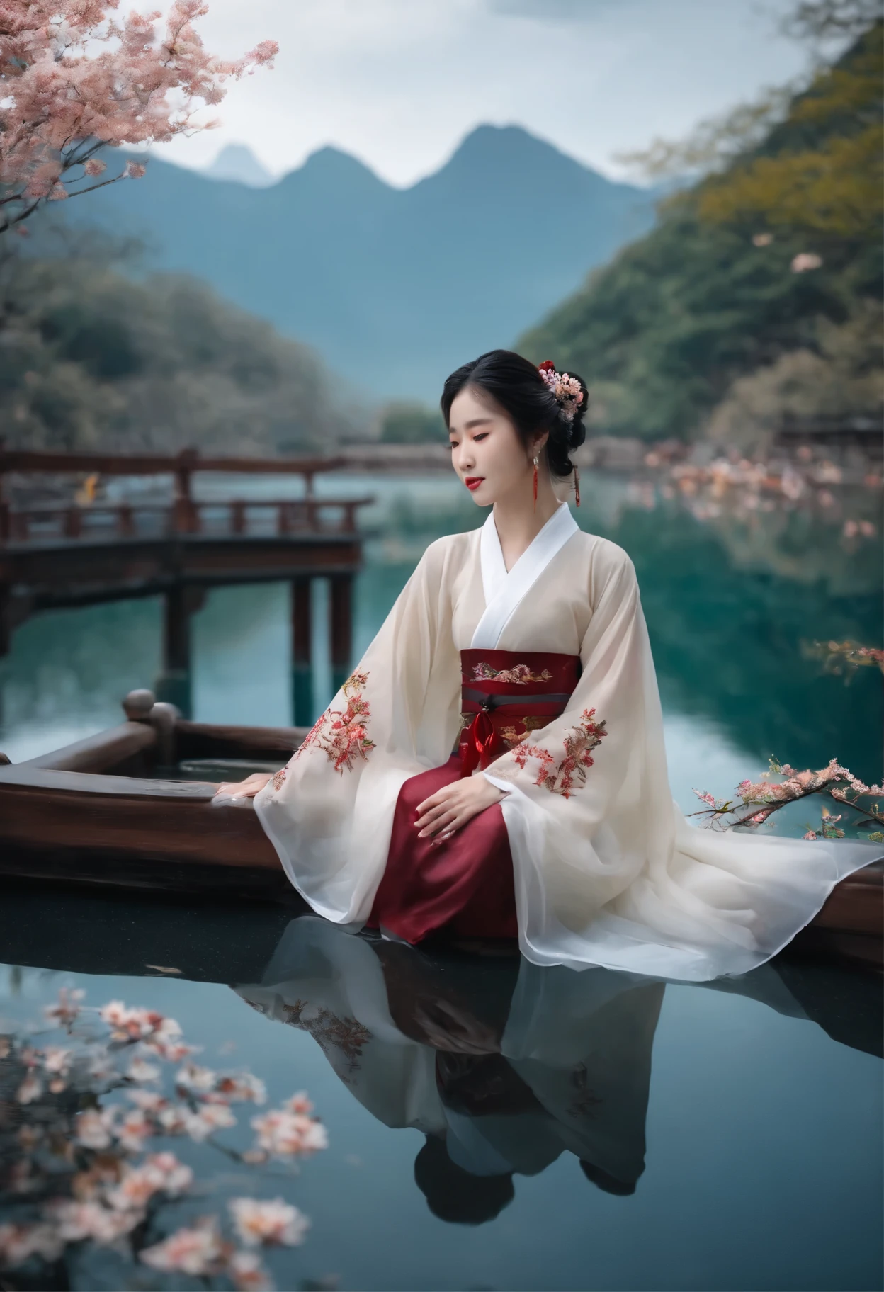 hanfu, 1 girl, medium, Mountain, soaking foot, sitting, Chinese park background,white stockings,clear water,(foot:1.3), too many flowers,