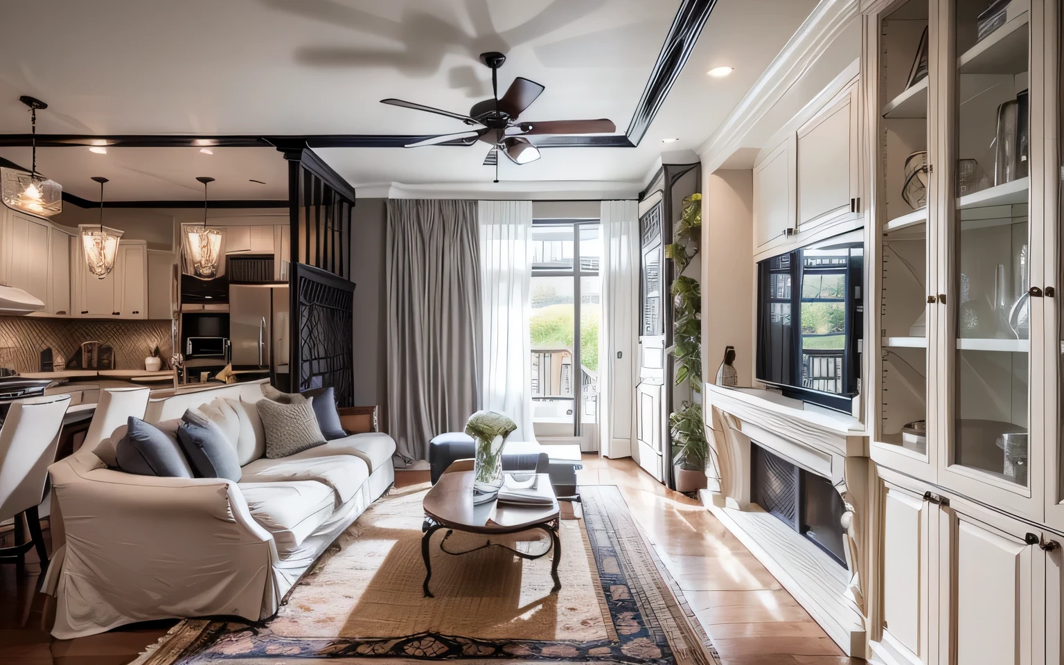 Living Room: Walls and Ceiling: Paint the walls and ceiling with a shade of grey to establish a foundation for the living space. Sofa and Chairs: Choose sofas and upholstered chairs in light grey or white fabric, possibly with wooden accents for highlighting. Coffee Table and Rug: Utilize a wooden coffee table with wood grain patterns or in white, along with a grey or white rug to create harmony. Kitchen Area: Dining Table and Chairs: Select a dining table and chairs in white, grey, or with wood grain details to introduce variety and cohesion. Kitchen Cabinets and Materials: Use kitchen cabinets in white or grey with a wood grain countertop to add uniqueness and focal points. Distinctive Colors: Incorporate bold colors like deep reds, navy blues, or other vibrant hues for decorative items such as cushions, rugs, or accessories to create contrast. Details and Accessories: Lighting: Opt for classic-designed lighting fixtures like table lamps or hanging lights in white or grey to enhance illumination and create focal points. Interior Accessories: Choose accessories like wall art, throw pillows, and decorative objects in striking colors like dark reds, navy blues, or black to add prominence and highlights to the space. Combining shades of grey, wood grain, and white with standout accessories will establish a luxurious and distinctive Neo-classical interior in your apartment.