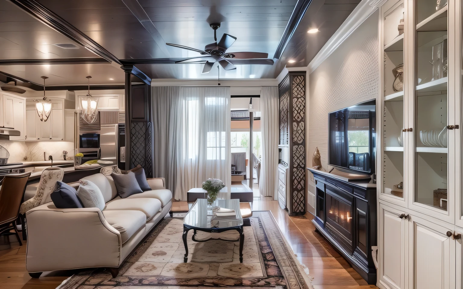 Living Room: Walls and Ceiling: Paint the walls and ceiling with a shade of grey to establish a foundation for the living space. Sofa and Chairs: Choose sofas and upholstered chairs in light grey or white fabric, possibly with wooden accents for highlighting. Coffee Table and Rug: Utilize a wooden coffee table with wood grain patterns or in white, along with a grey or white rug to create harmony. Kitchen Area: Dining Table and Chairs: Select a dining table and chairs in white, grey, or with wood grain details to introduce variety and cohesion. Kitchen Cabinets and Materials: Use kitchen cabinets in white or grey with a wood grain countertop to add uniqueness and focal points. Distinctive Colors: Incorporate bold colors like deep reds, navy blues, or other vibrant hues for decorative items such as cushions, rugs, or accessories to create contrast. Details and Accessories: Lighting: Opt for classic-designed lighting fixtures like table lamps or hanging lights in white or grey to enhance illumination and create focal points. Interior Accessories: Choose accessories like wall art, throw pillows, and decorative objects in striking colors like dark reds, navy blues, or black to add prominence and highlights to the space. Combining shades of grey, wood grain, and white with standout accessories will establish a luxurious and distinctive Neo-classical interior in your apartment.
