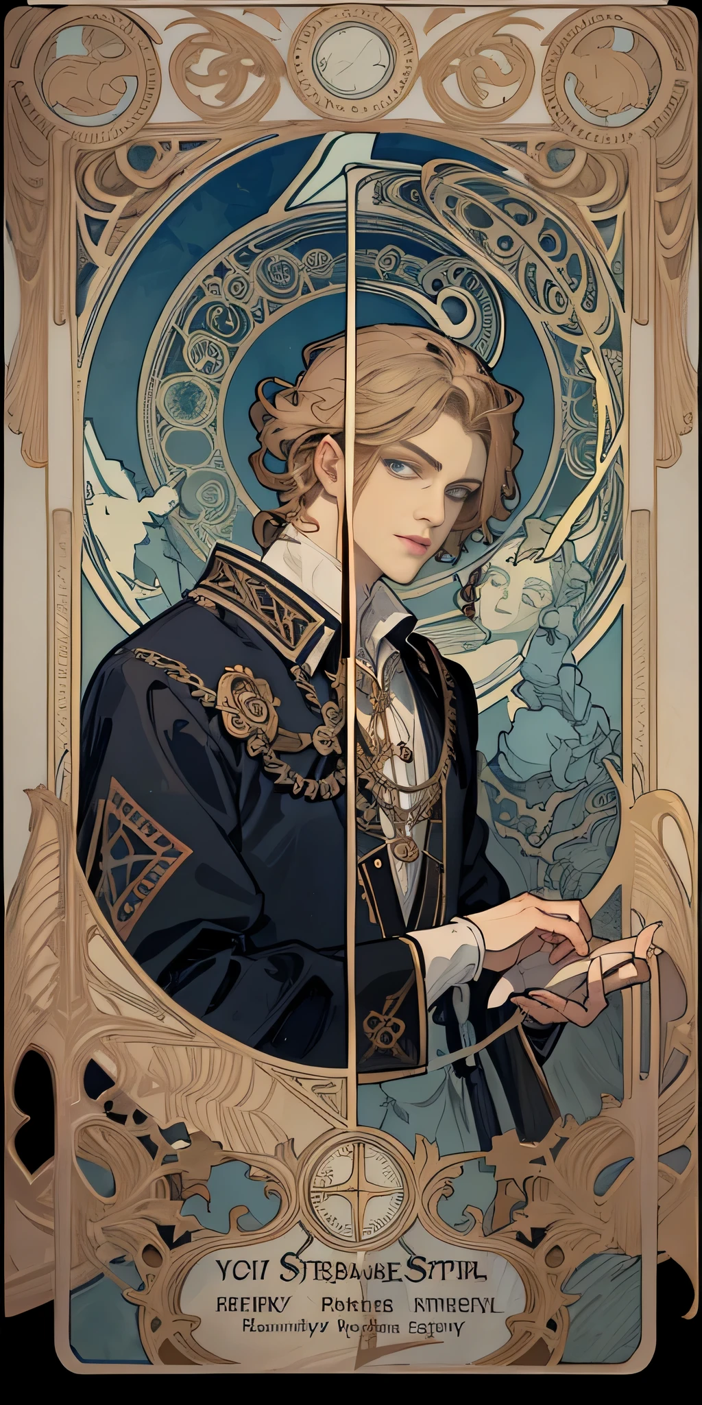 Masterpiece, Superior Quality, teenage boy, strawberry blond curled hair, effeminate, gray blue eyes, mischievous, sinister, evil, carnival lighting, Tarot, Bard, Court Fool, Symbolism, Visual Arts, Occult, Universal, Vision Casting, Philosophy, Iconography, Numerology, Popularity, Arts, Alphonse Mucha