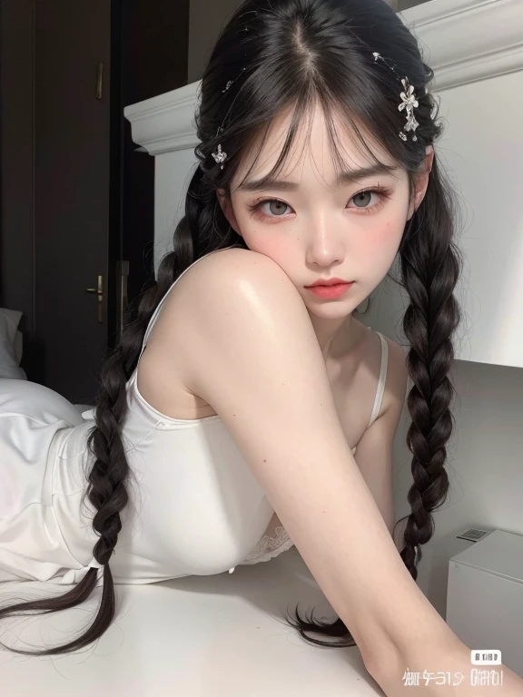 hay una mujer con una venda en la cara acostada en una cama, pale milky white porcelain skin, with black coletas, ulzzang, coletas hairstyle, two coletas hairstyle, long coleta, coleta, piel blanca de porcelana, shikami, pale piel blanca de porcelana, pale, snow-white skin, piel blanca lechosa, flequillo blancopelo negro