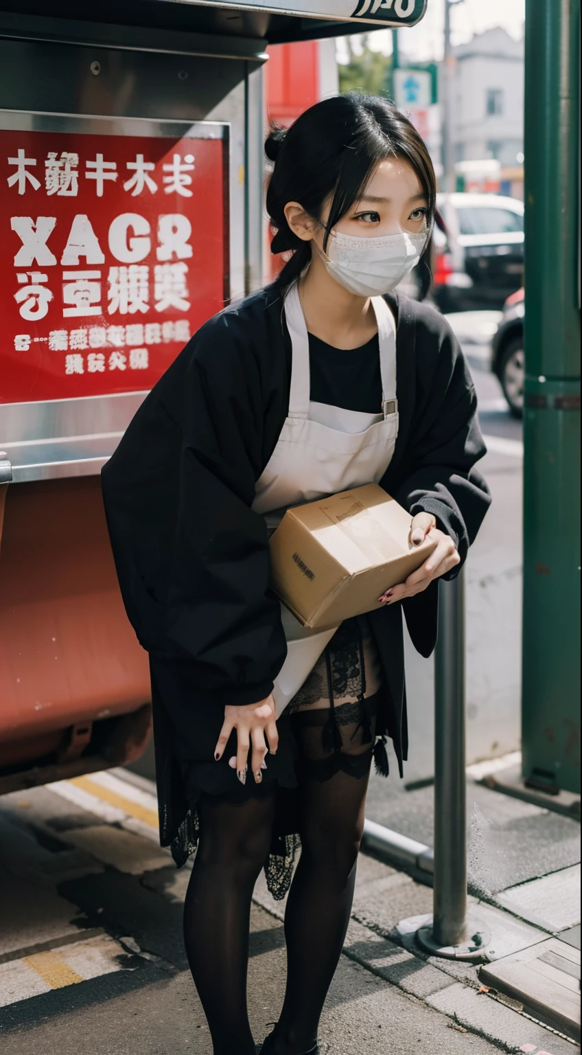 japanese female.黒髪、ショートヘアー
40years old, meat shop, photo of a girl is pasted on the Garbage can, labeled pierce of Garbage can, have meat and photos box mini pleats, fashionable bags, wearing lace tights, black
nails,