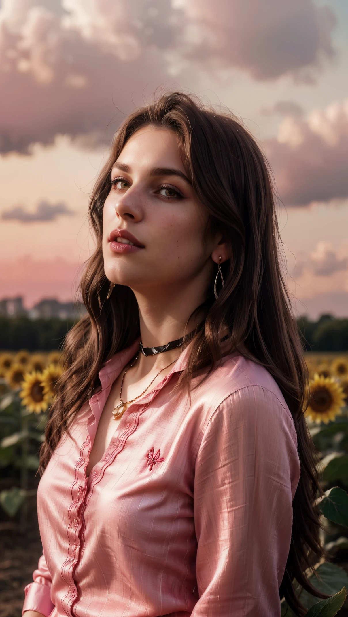 Wavy brown hair, (RAW photo, realism: 1.8), (very dark lip gloss, jet pink lipstick, many eyelashes, dark black eye shadow, shy, blushing, high quality, high resolution, depth of field, chromatic aberration, caustic, wide light, natural colors, 20 year old woman), necklaces, chokers, earrings, bracelets, wear many accessories, style A good woman,l, silk pink shirt, upper body, beautiful skin, lots of exposure, very line, looks delicious, lips that make you want to kiss, scruffy futon, sunflower farm field, golden sun in background,