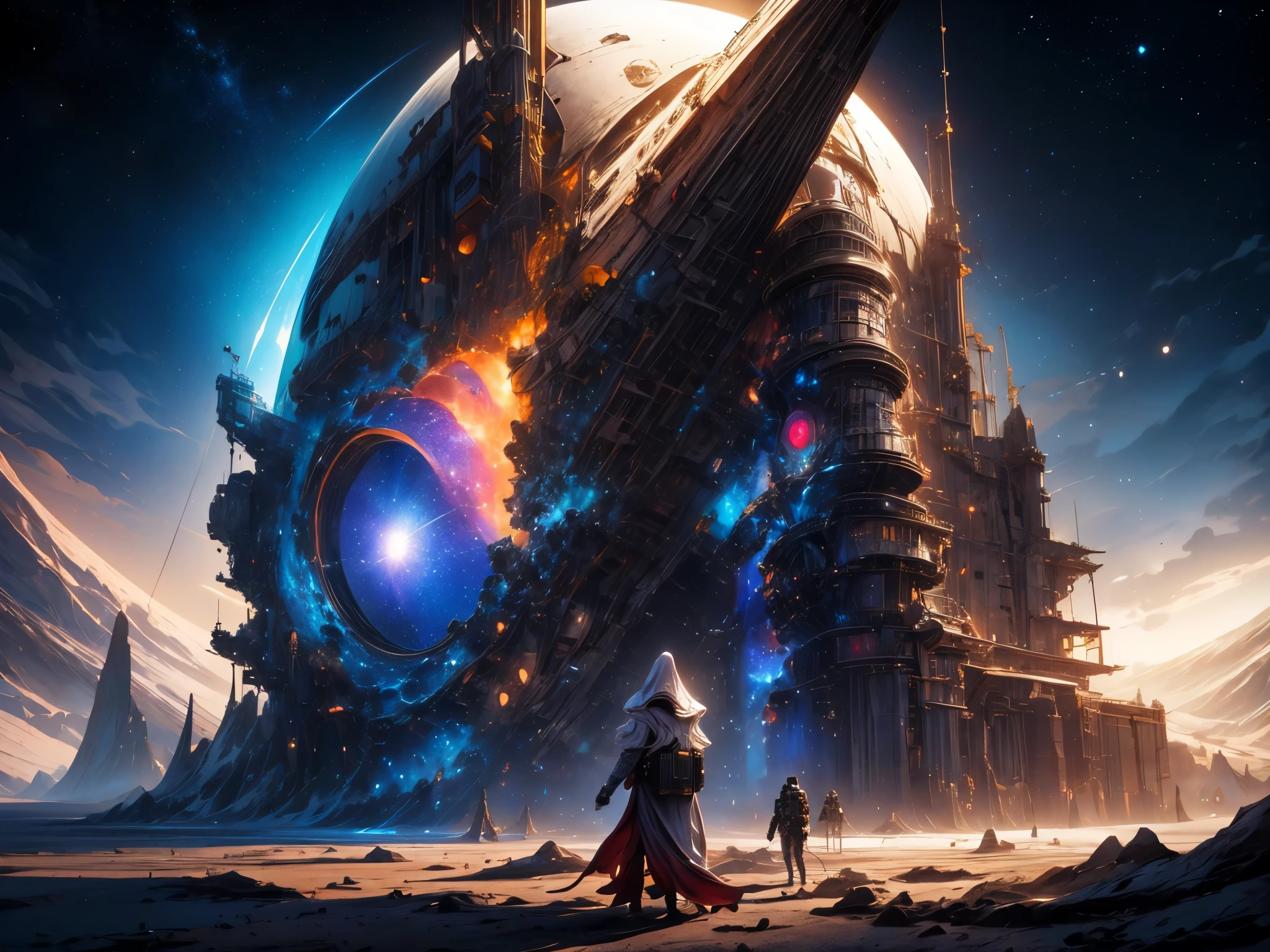 best quality,4k,8k,highres,ultra-detailed,realistic,photorealistic,sci-fi,space exploration,encounter with the unknown,girl,space suit,stars and galaxies,spaceship,amazing landscape,futuristic technology,exploring new worlds,cosmic mysteries,deep space,nebulae and supernovae,interstellar travel,alien encounter,awe-inspiring,grand spectacle,otherworldly,universe,limitless vastness,mysterious creatures,adventure,fear and excitement,unknown dimensions,unexplored territories,dark matter and energy,space-time continuum,cosmic secrets,revelations,scientific curiosity,adaptable,experienced astronaut,stepping into the unknown,unimaginable beauty,cosmic wonders,limitless possibilities,emotional journey,scientific breakthroughs,colorful cosmic palette,luminous celestial bodies,intergalactic phenomena