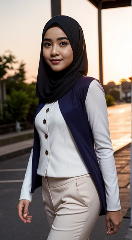 Malay girl in hijab and wear Half Button Rib Knit Tee with pastel color jacket and High Waist Plicated Detail Suit Pants, walking in city street, catwalk, confident walk, windy, elegance, front view, detail skin, detail skin texture, beautiful malay face, pastel color outfit, small breast, wide hip, wide waist, thick thighs, slim abs, beautiful body, evening, sunset, sun light enhance dramatic mood, arrogant smile, professional cinematic  lighting, blur background, bokeh, realistic, ultra detail, high quality,