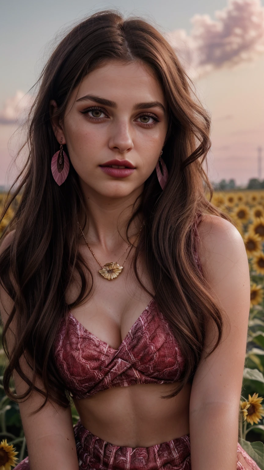 Wavy brown hair, (RAW photo, realism: 1.8), (very dark lip gloss, jet pink lipstick, many eyelashes, dark black eye shadow, shy, blushing, high quality, high resolution, depth of field, chromatic aberration, caustic, wide light, natural colors, 20 year old woman), necklaces, chokers, earrings, bracelets, wear many accessories, style A good woman,l, silk pink shirt, upper body, beautiful skin, lots of exposure, very line, looks delicious, lips that make you want to kiss, scruffy futon, sunflower farm field, golden sun in background,
