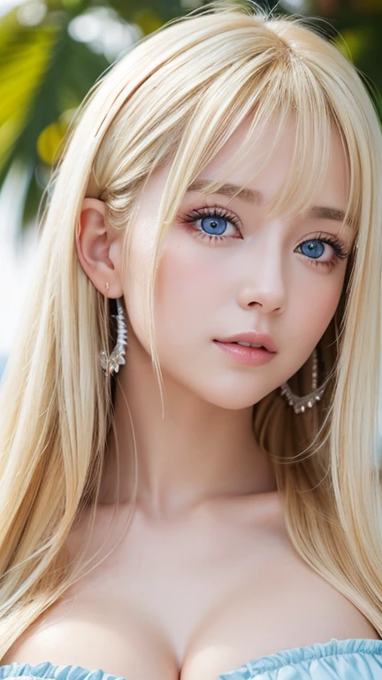 A 14-year-old beautiful girl with shiny Bright blonde hair.、cute,crazy about love, face focus , Ruffled Summer Dresses, Nordic Bright blonde girl, Super long Bright shiny blonde hair、Blonde color that changes depending on the angle、low contrast, (shy smile:0.8),  huge boobs、 hair scrunchie,  best quality, ultra high resolution, realistic photo, Super detailed, 8K, Raw photo, master piece、very beautiful mature woman, Bright, pale sky blue, and very big eyes.、very big eyes、white glossy skin、cheek gloss highlight、small face beautiful girl、eyeliner、bangs between the eyes、blonde hair above the eyes、Blonde hair above the photo Aiyan between the eyes、