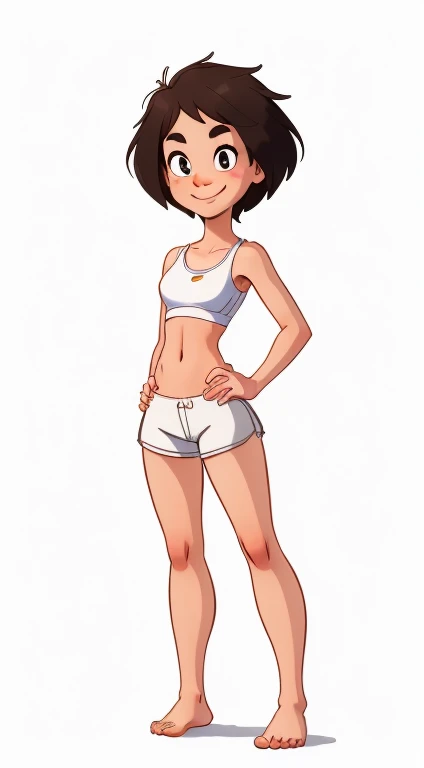 (rizdraws,p3r3zstyle,(white background),(pencil outline sketch),(low detail),(full body view),((small flat bust)),(average body),(female form),(white sports bra, white shorts),(no shoes, barefoot): 1.1), (standing front on) (hands behind back) (slight smile)