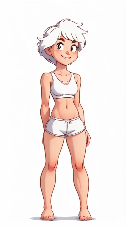 (rizdraws,p3r3zstyle,(white background),(pencil outline sketch),(low detail),(full body view),((small flat bust)),(average body),(female form),(white sports bra, white shorts),(no shoes, barefoot): 1.1), (standing front on) (hands behind back) (slight smile)
