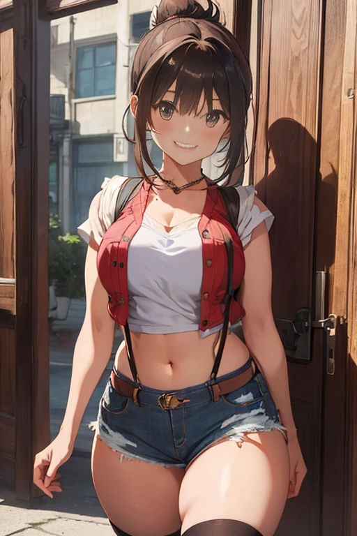 masterpiece、The best、1 female、denim vest、Denim shorts、Red shirt, Bun bun、black hair、Shoulder leakage、big breasts、chubby、Smile、White suspender tights、lace leggingackpack,On campus,pose,Leaning against the door