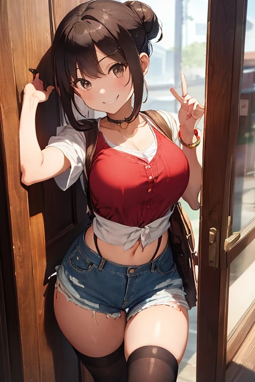 masterpiece、The best、1 female、denim vest、Denim shorts、Red shirt, Bun bun、black hair、Shoulder leakage、big breasts、chubby、Smile、White suspender tights、lace leggingackpack,On campus,pose,Leaning against the door