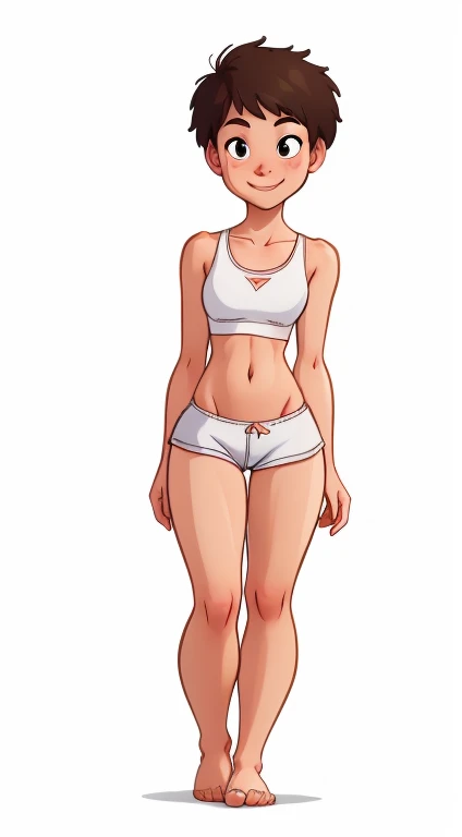 (rizdraws,p3r3zstyle,(white background),(pencil outline sketch),(low detail),(full body view),((small flat bust)),(average body),(female form),(white sports bra, white shorts),(no shoes, barefoot): 1.1), (standing side on) (arms by side) (slight smile)