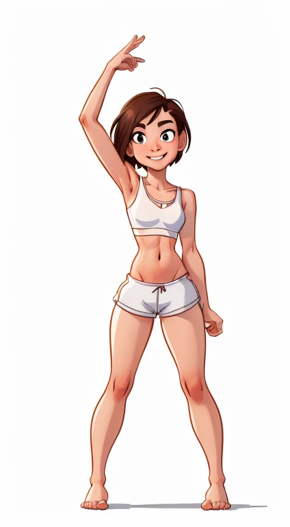 (rizdraws,p3r3zstyle,(white background),(pencil outline sketch),(low detail),(full body view),((small flat bust)),(average body),(female form),(white sports bra, white shorts),(no shoes, barefoot): 1.1), (standing side on) (arms by side) (slight smile)