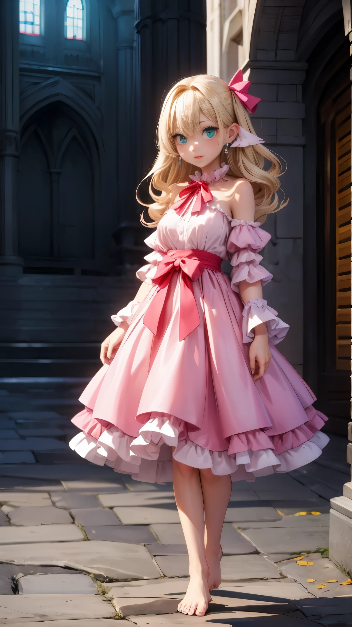 Masterpiece, maximum quality, ultra-high resolution, long light blonde hair, with straight bangs and a colored ribbon on the head. Her eyes are green and she wears silver cross-shaped earrings. She wears a pink dress with ruffles in white layers, with red edges and some details and blue figures. She wears a red bow on the neck of the dress. and pink wings around the ears. She usually goes barefoot.