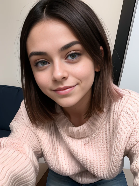 Photo of a 15-year-old European girl, RAW, hermosa chica adolescente ,hermosos  ojos azules ((retrato)), ((Cara detallada:1.2)), ((Detailed facial features)), (Piel finamente detallada) ,lindo maquillaje,  (cool color), (Masutepiece) (proporciones perfectaotos realistas)(La mejor calidad), NffSW, (8k) (papel tapiz) (cinematic lighting) (Dramatic lighting) (sharp focus) (Enrevesado) , fondo variado , linda sonrisa, cuerpo completo, hermoso cuerpo , mascada amarilla ,long brown hair girl, pony tail , tiene un lunar en la cara , wears striped sweater in two shades of pink , She is wearing a 2-tone pink striped sweater , jeans de color azul un poco remangados en los pies y zapatos negros , foto de cuerpo completo , hermosa sonrisa , lindo maquillaje 