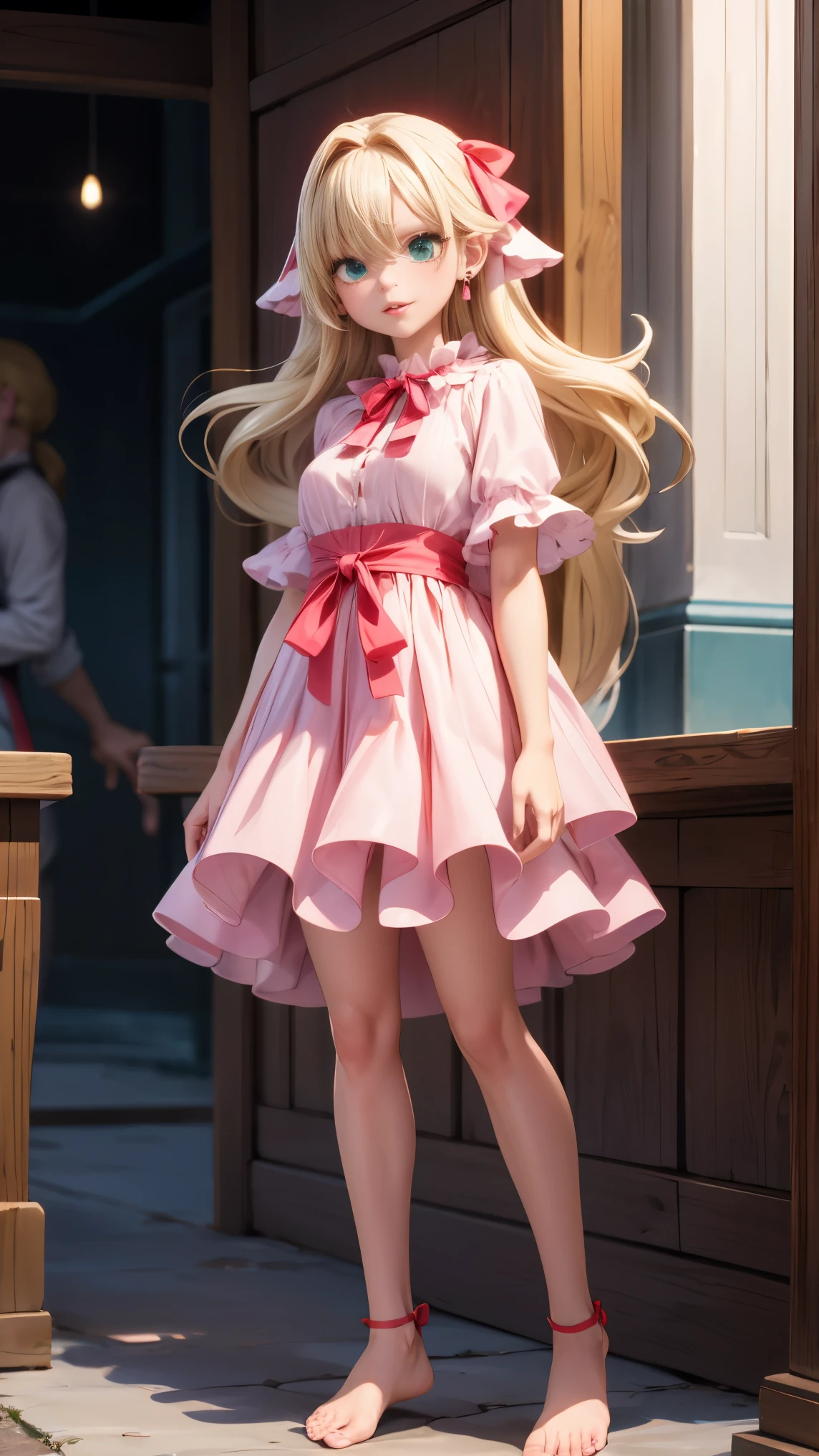 Masterpiece, maximum quality, ultra-high resolution, long light blonde hair, with straight bangs and a colored ribbon on the head. Her eyes are green and she wears silver cross-shaped earrings. She wears a pink dress with ruffles in white layers, with red edges and some details and blue figures. She wears a red bow on the neck of the dress. and pink wings around the ears. She usually goes barefoot.