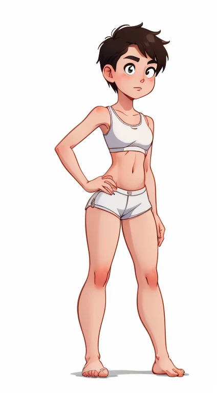 (rizdraws,p3r3zstyle,(white background),(pencil outline sketch),(low detail),(full body view),((small flat bust)),(average body),(female form),(white sports bra, white shorts),(no shoes, barefoot): 1.1), (standing front on) (hands held behind back) (shy)