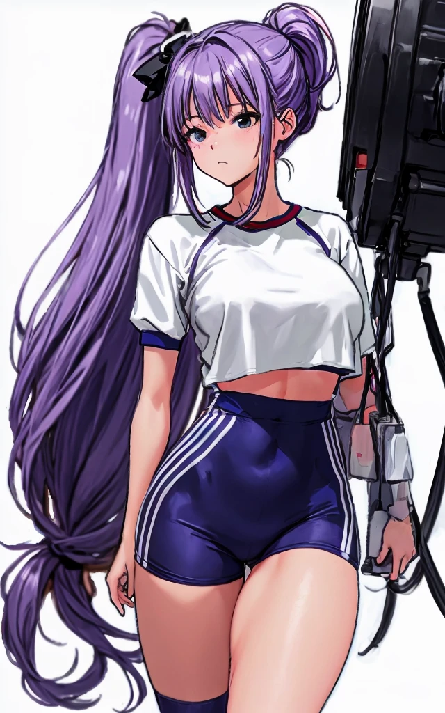 A beautiful woman with long wisteria purple hair in a ponytail that reaches to her shoulders and a light pink ribbon in the back, and a beautiful leg and a sharp face, is wearing gym clothes with a white top.、She is standing in the gym wearing dark blue high-leg bloomers with panty-like bottoms.。