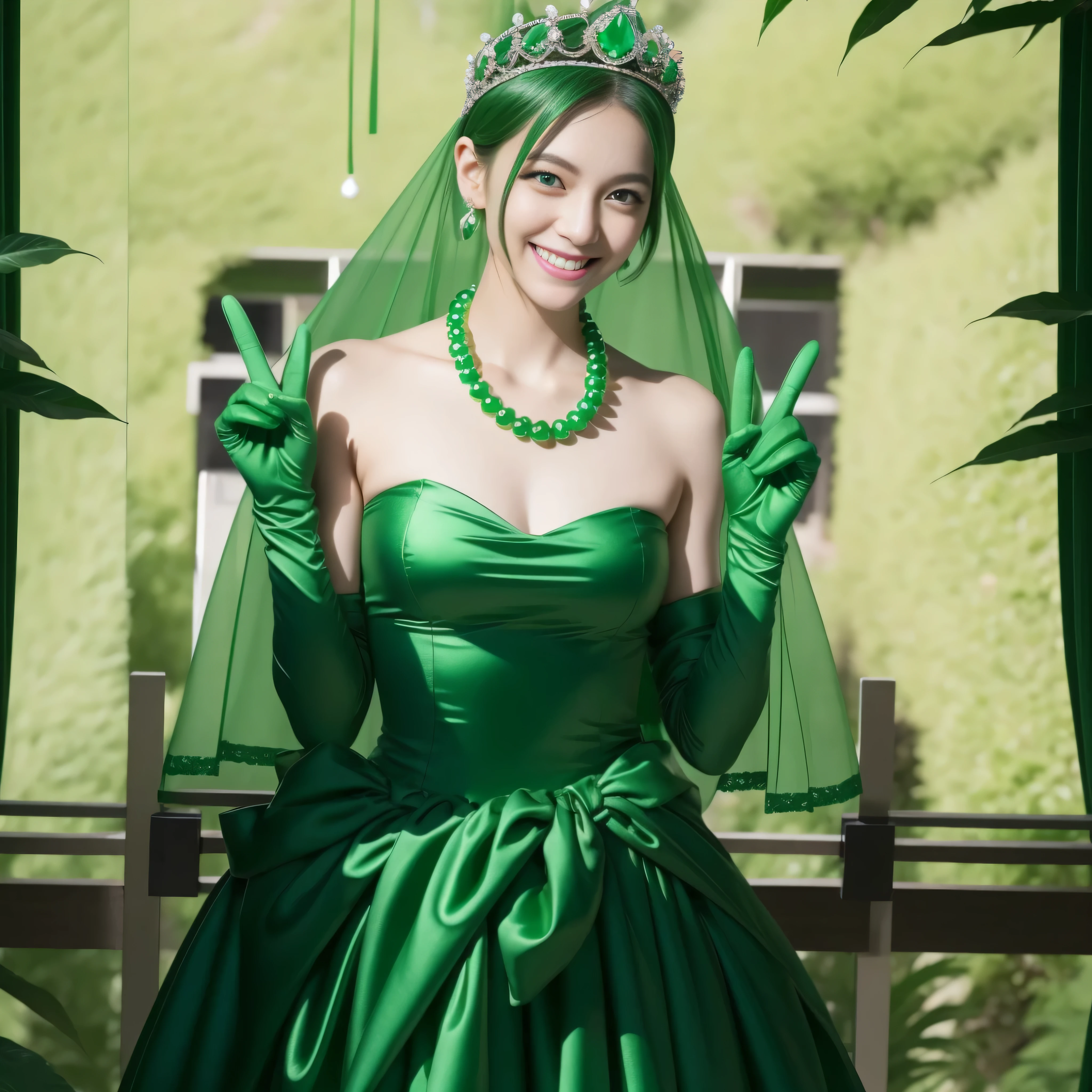 emerald tiara, Green Pearl Necklace, Boyish very short green hair, lipstick, Japan woman smiling, Very short hair, Big beautiful, green eyes, Long green gloves made of satin material, green eyes, v sign, Emerald Earrings, green vale