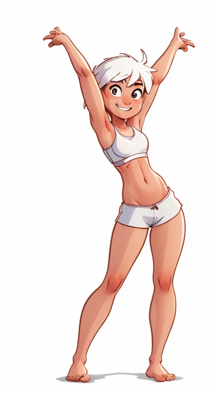 (rizdraws,p3r3zstyle,(white background),(pencil outline sketch),(low detail),(full body view),((small flat bust)),(average body),(female form),(white sports bra, white shorts),(no shoes, barefoot): 1.1), (standing (turned side on to viewer)) (arms by side) (slight smile)