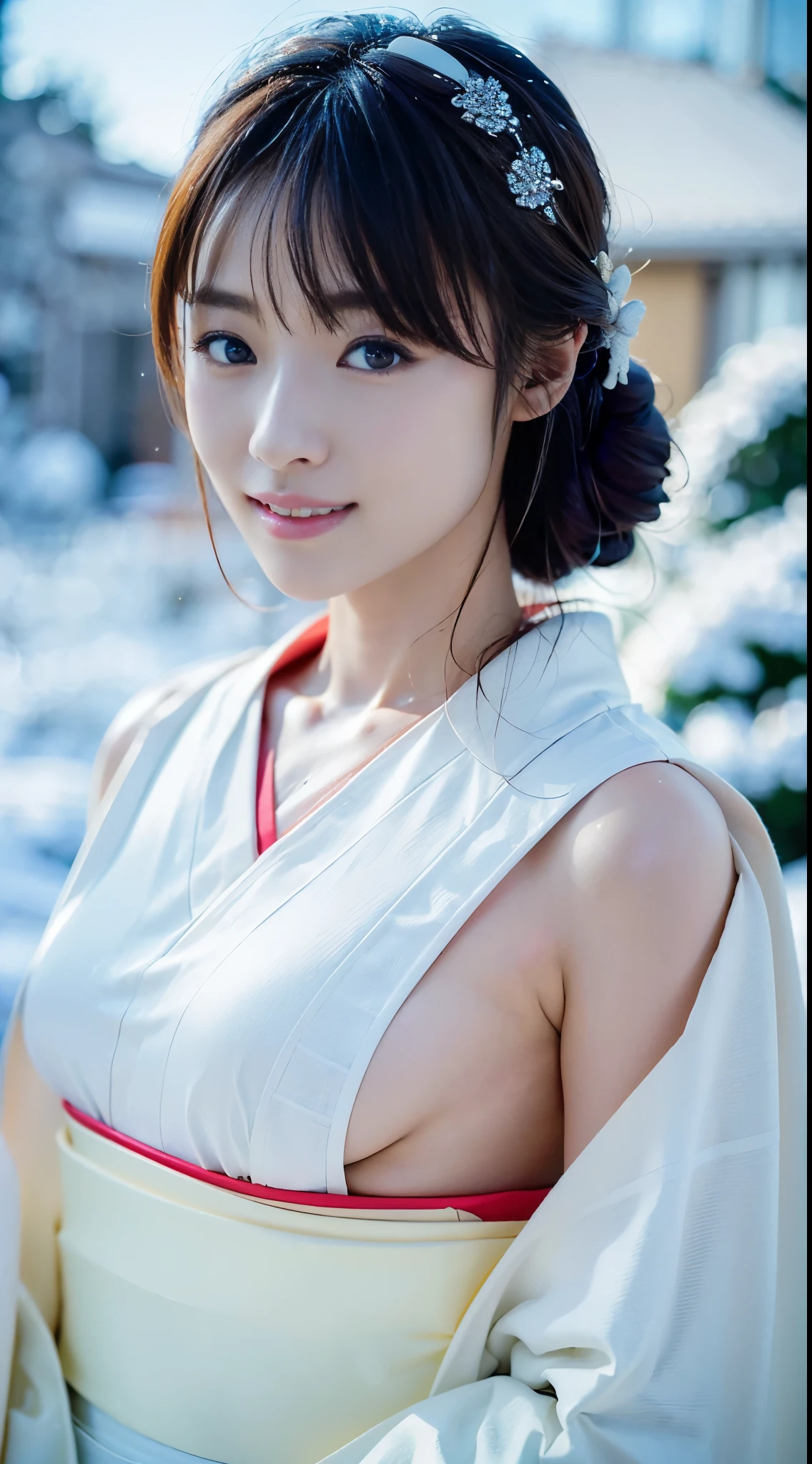 (((A beautiful woman standing in a snowy mountain at night wearing a pure white thin kimono with little exposed skin))),(((A Yuki-onna who looks great in a plain white kimono stands staring at me in the dim light of a blizzard.))),(((muste piece:1.6))),(((Ulsan-6500))),(((perfect anatomy:1.6))),(((Deep depth of field with Hasselblad))),(((sexy waist))),masterpiece,highest quality,ultra high resolution,high detailed portrait,(realistic photo:1.4),(((A tall nose and a beautiful face))),(((long limbs like a model))),The fair-skinned nape of the neck is dazzling,(((A beautiful pure white kimono that shows off the lines of your body stands out.))),pull your chin and smile,((Full body shot from the front)),20-year-old, Her long glossy chestnut hair is tied up and the nape of her neck is sexy.,((Proud F cup breasts )),(I can't get enough of my waistline),(A scene from a famous Japanese folk tale),(Look over your shoulder and raise the corners of your mouth and eyebrows and smile),detailed eyes,((Gravure photography in the falling snow of a snowy mountain forest)),((long eyelashes,Big eyes,clear double eyelids,((glossy thick lips)),(((perfect anatomy:1.4))),